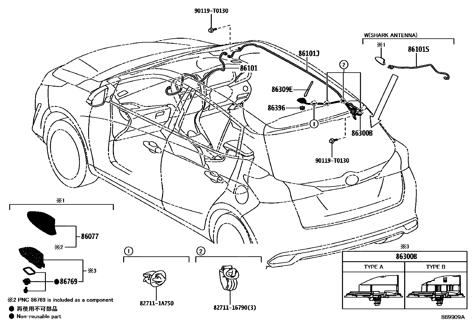 Toyota YARIS antenna EPC diagram — 869909A