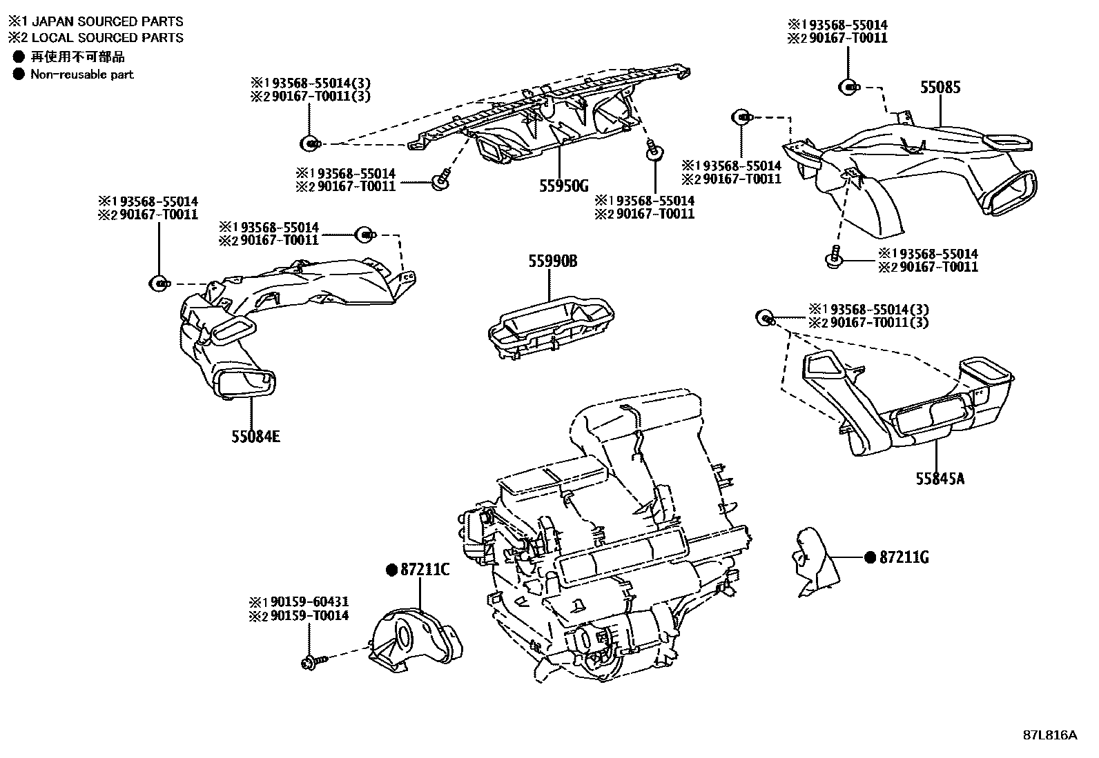 Toyota YARIS 暖风和空调系统 - 控制器和风管 EPC diagram — 87L816A