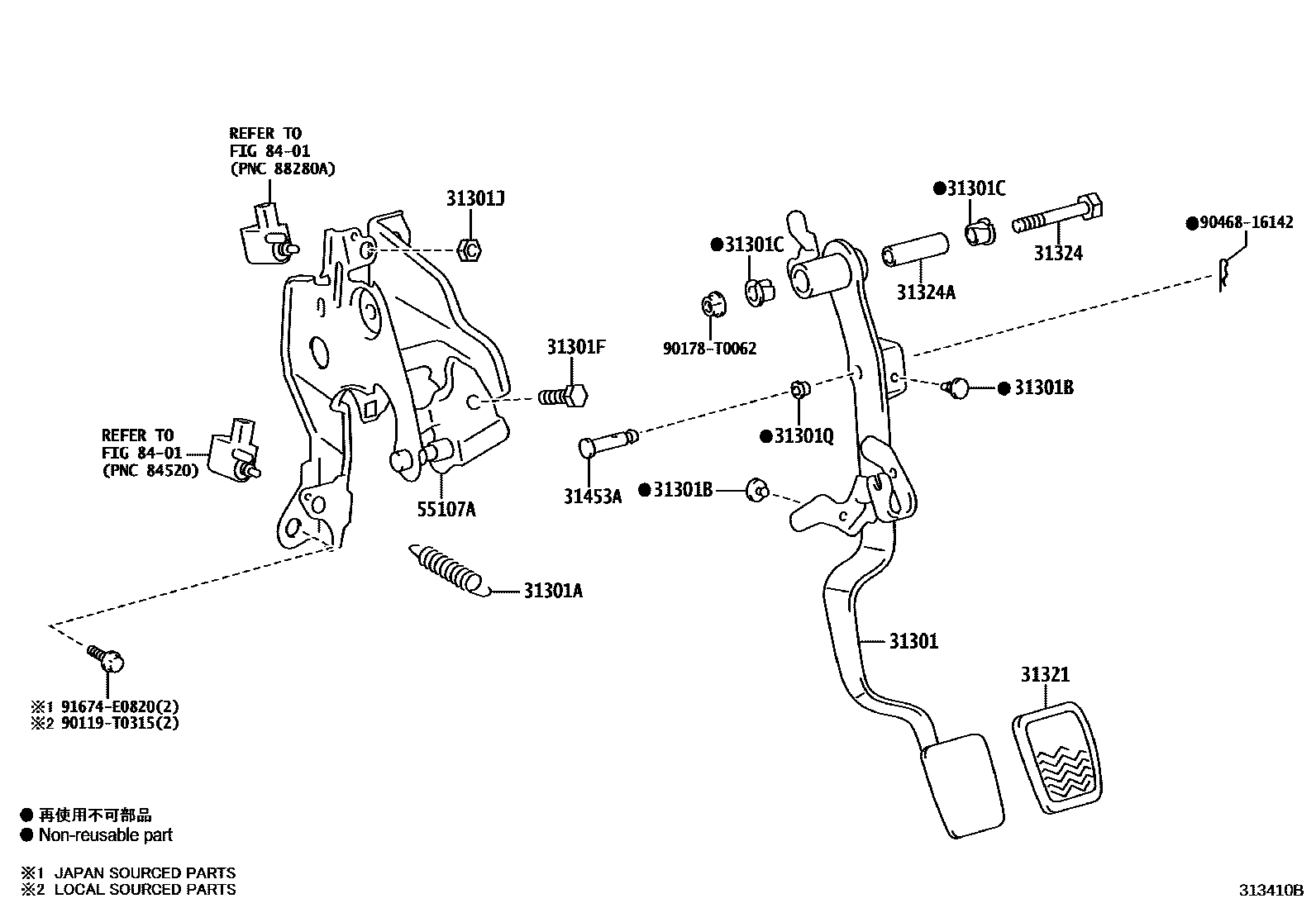 Toyota YARIS 离合器踏板和挠性软管 EPC diagram — 313410B