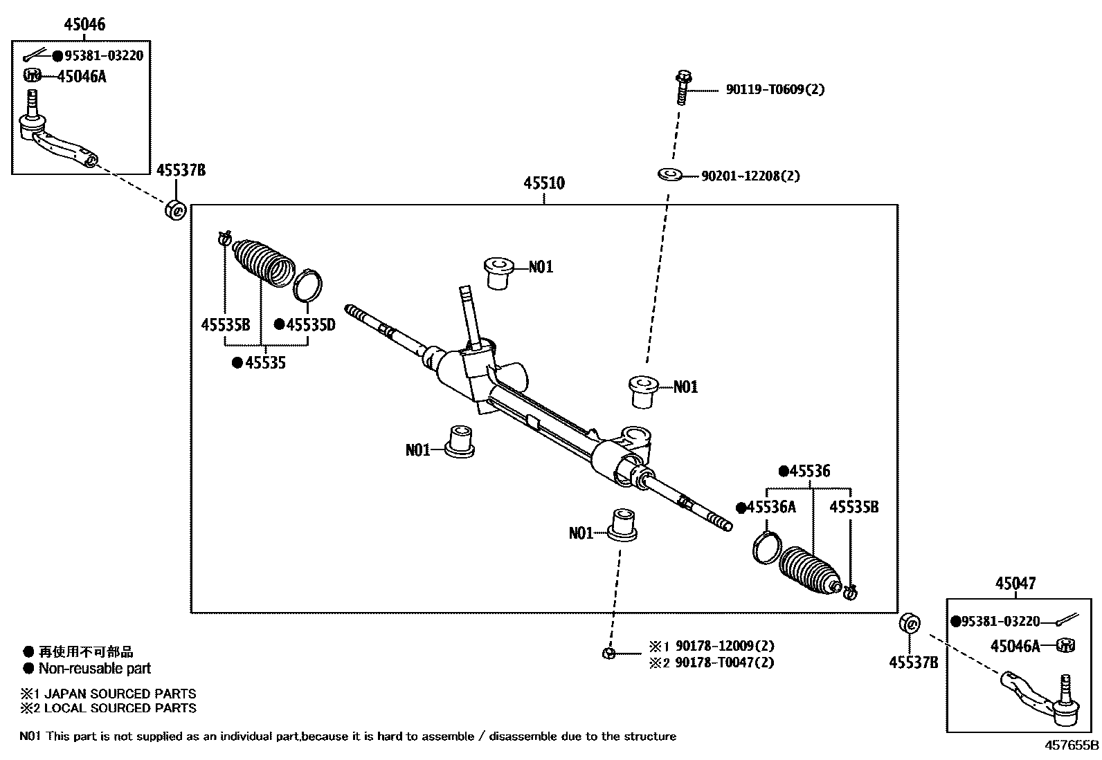 Toyota YARIS 前转向齿轮和连杆 EPC diagram — 457655B