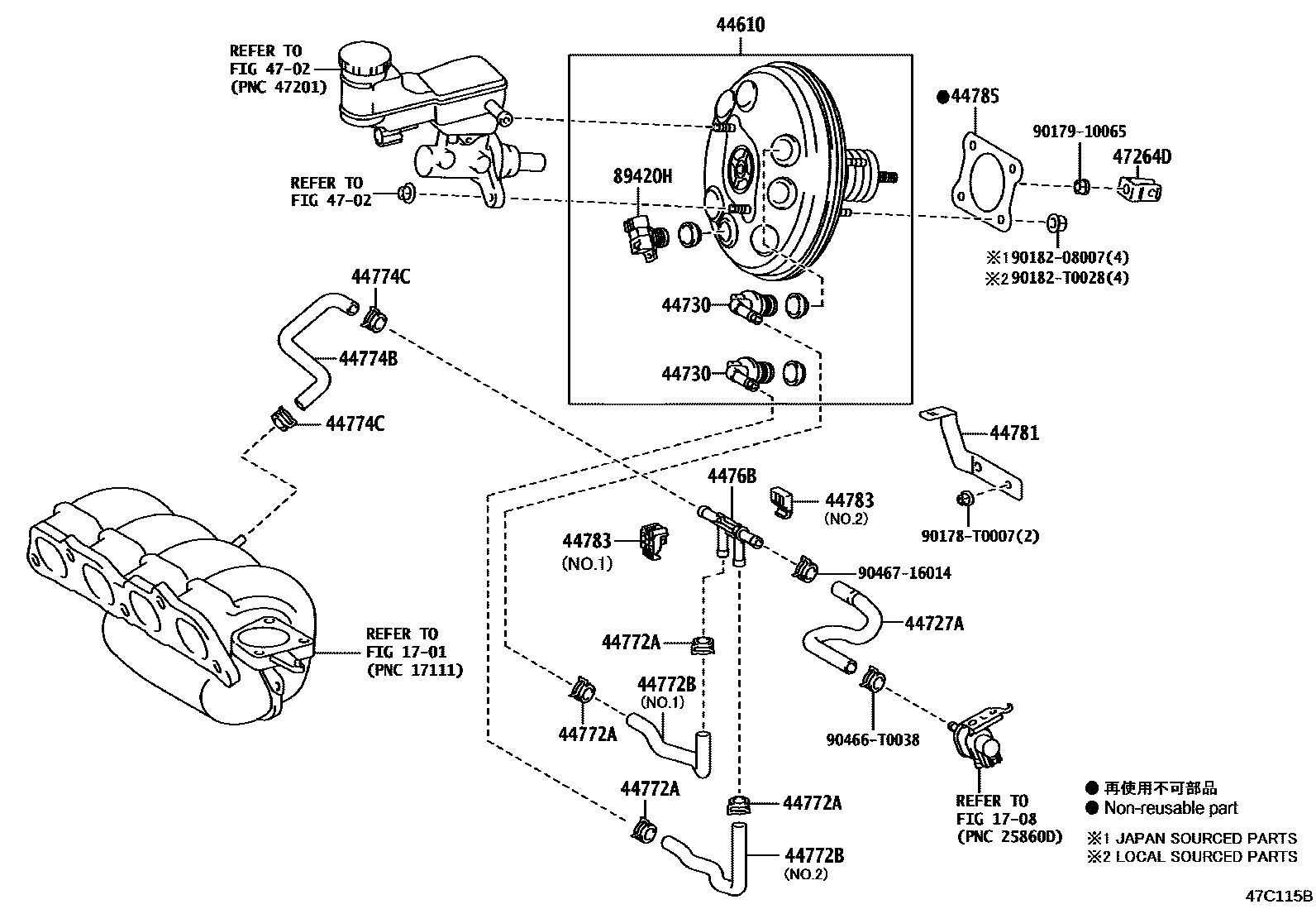 Toyota YARIS 制动助力器和真空管 EPC diagram — 47C115B