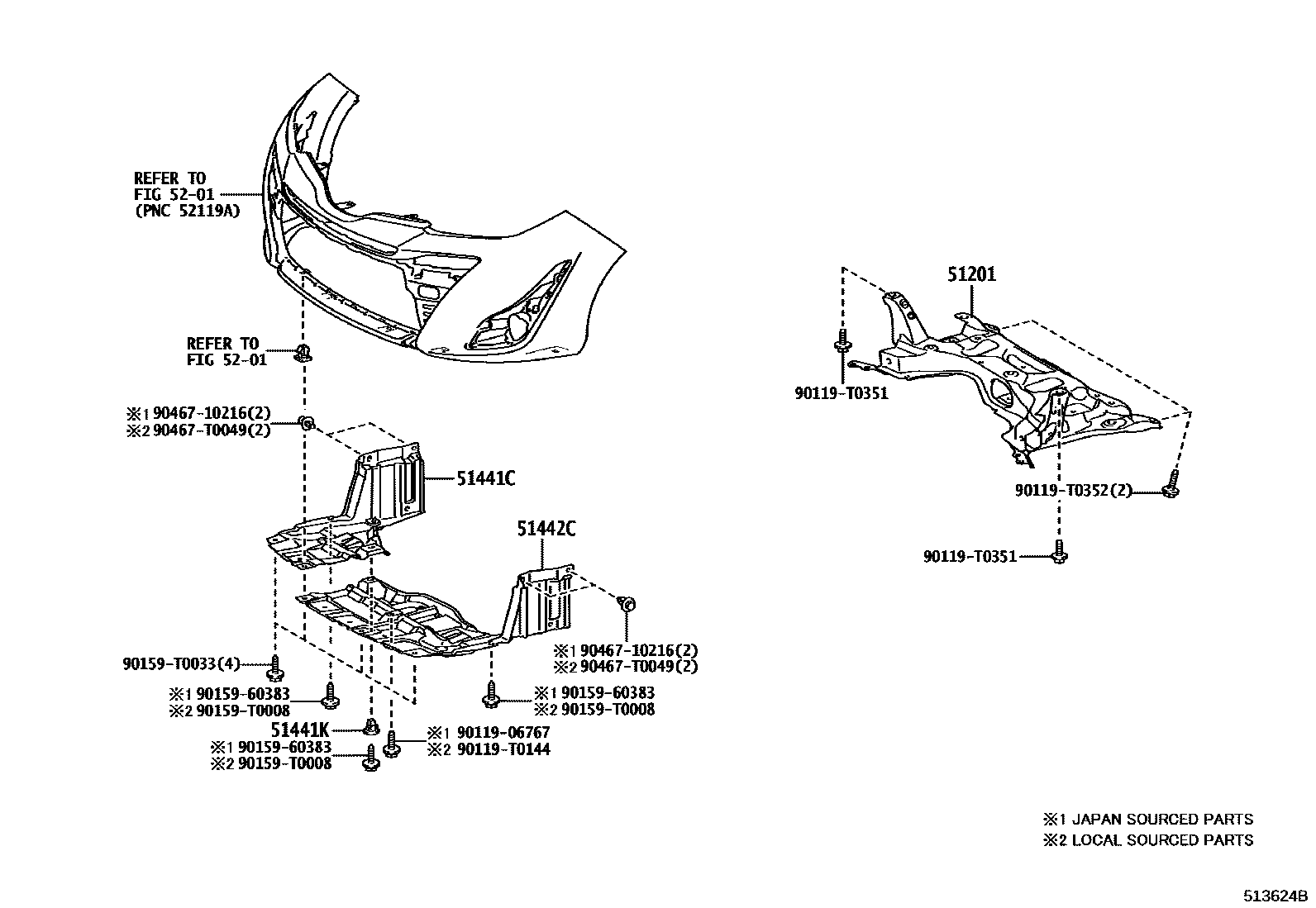 Toyota YARIS 悬架横梁和发动机底罩 EPC diagram — 513624B