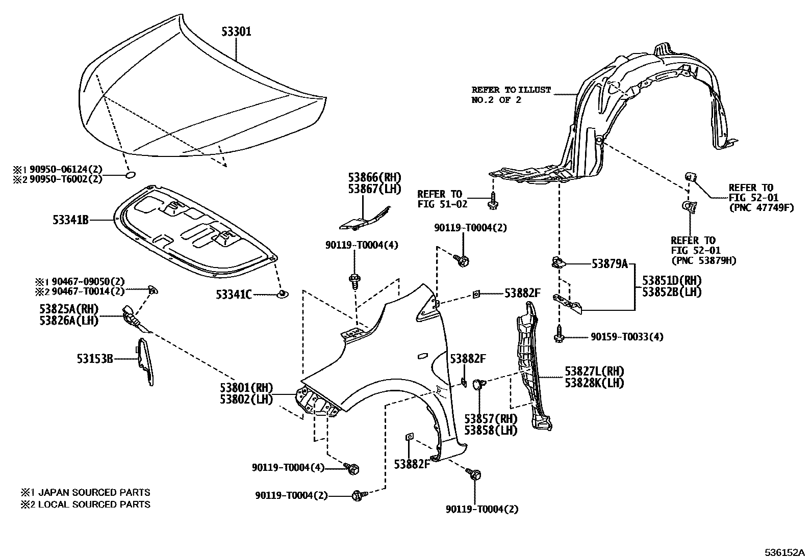 Toyota YARIS 发动机盖和前翼子板 EPC diagram — 536152A