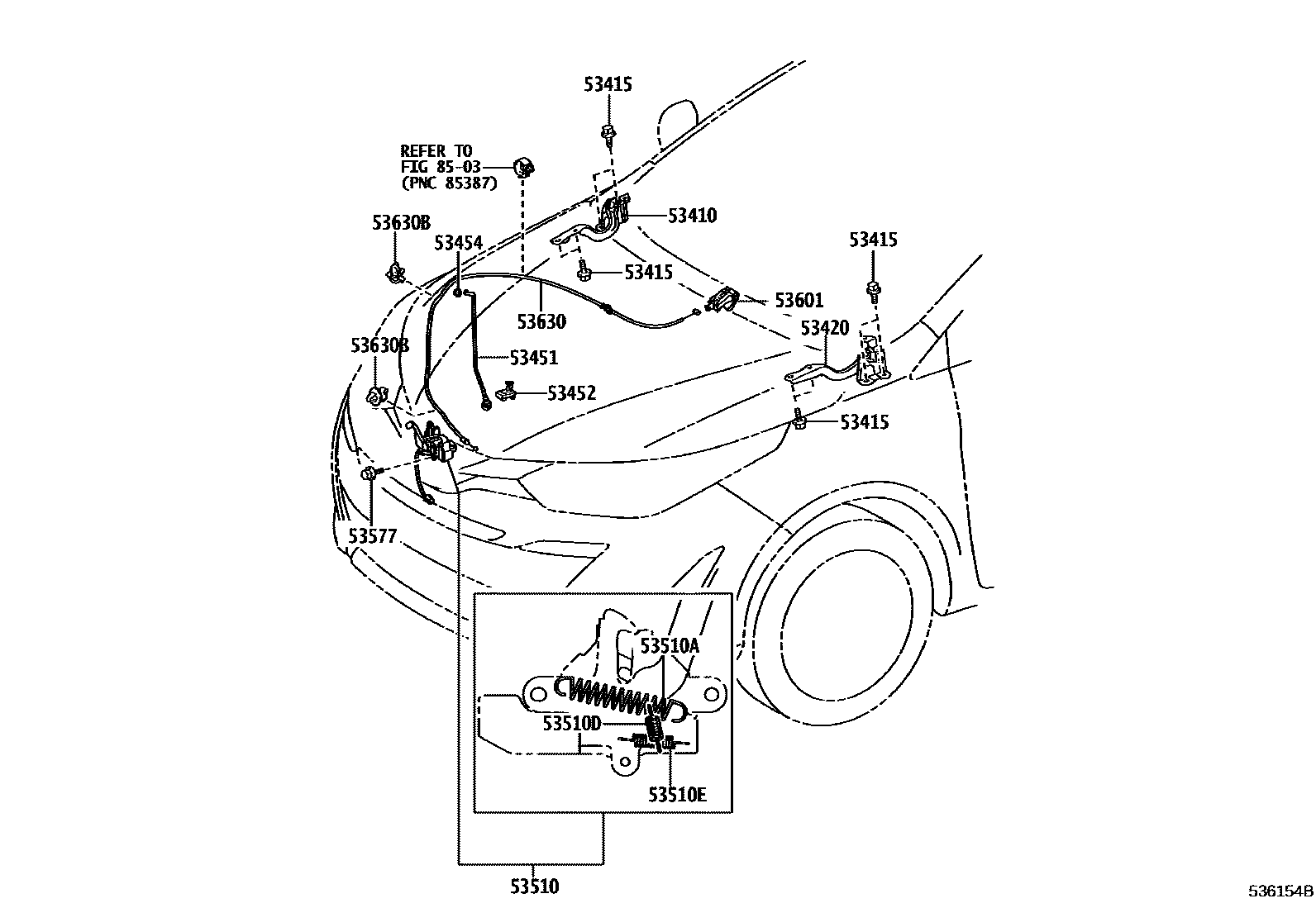 Toyota YARIS 发动机盖锁和铰链 EPC diagram — 536154B