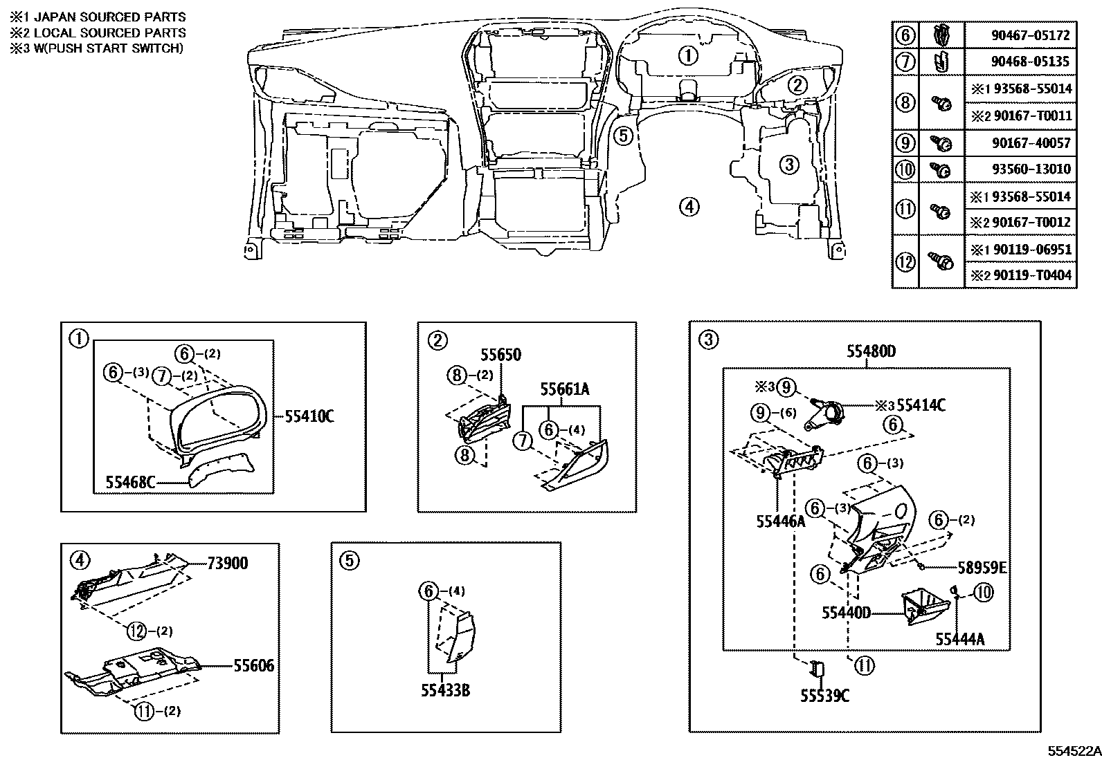 Toyota YARIS 仪表板和手套箱 EPC diagram — 554522A