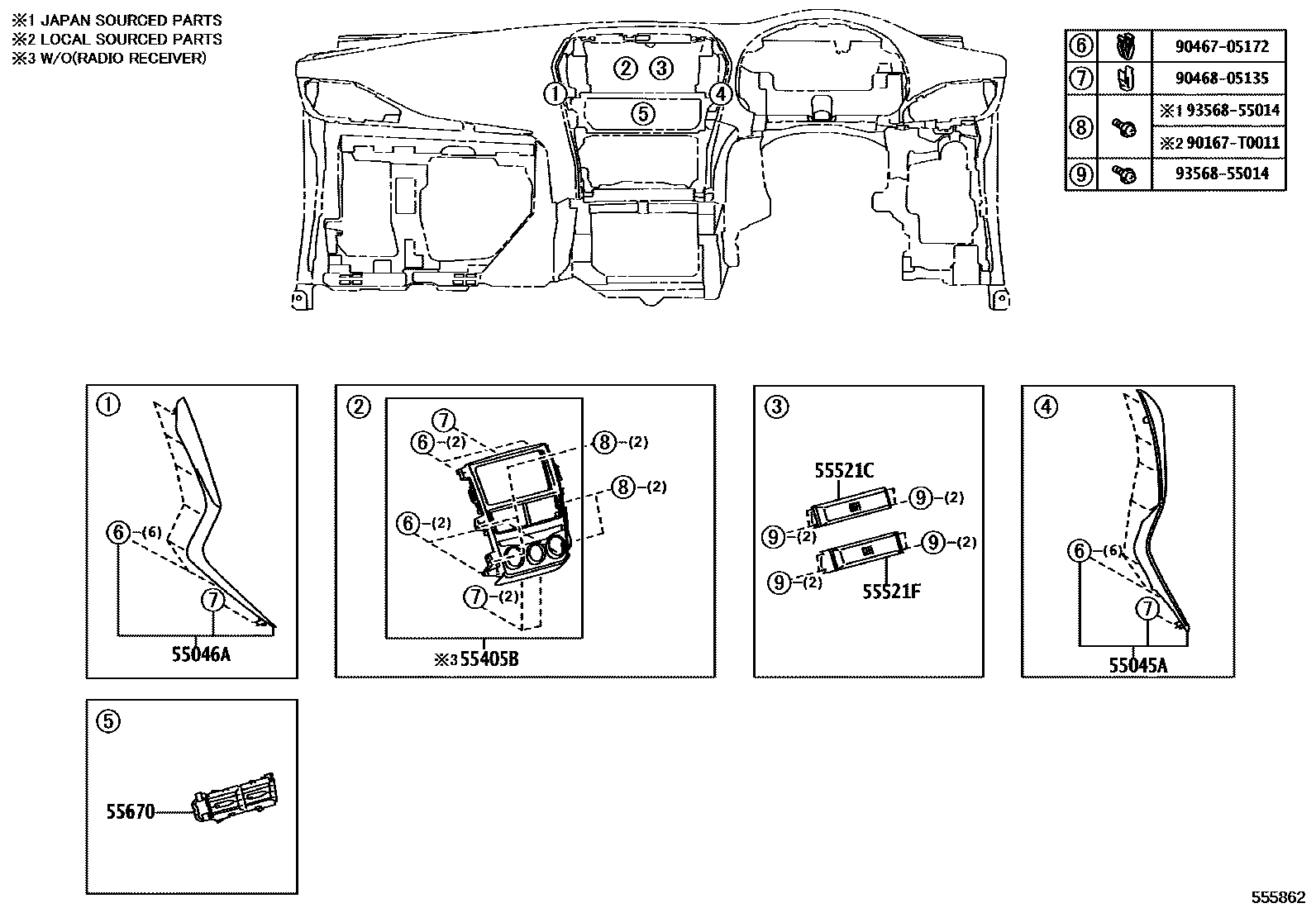 Toyota YARIS 仪表板和手套箱 EPC diagram — 555862