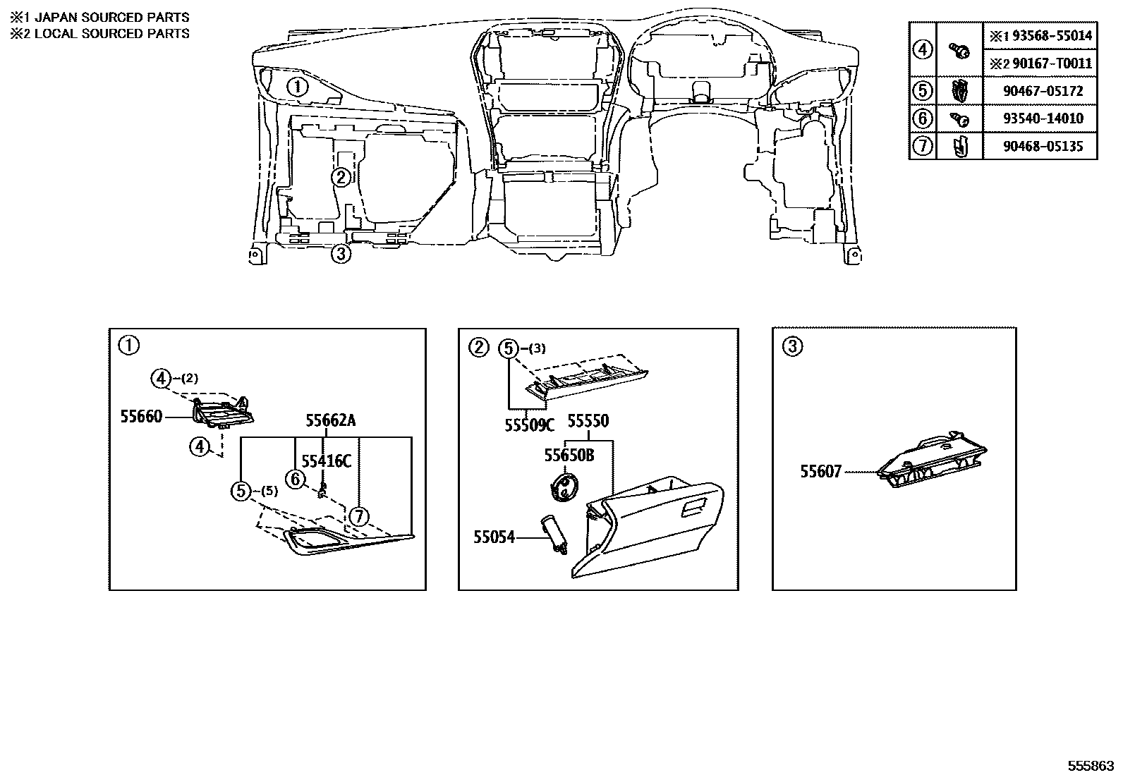 Toyota YARIS 仪表板和手套箱 EPC diagram — 555863