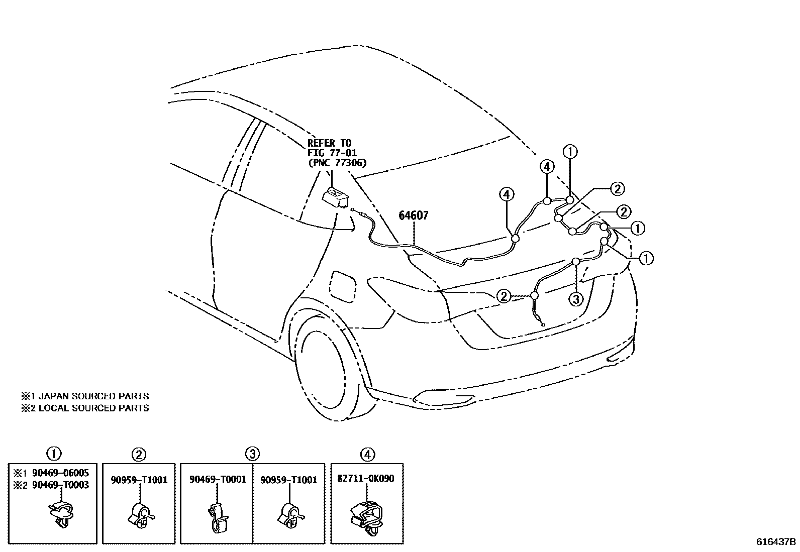 Toyota YARIS 行李箱门和行李箱锁 EPC diagram — 616437B