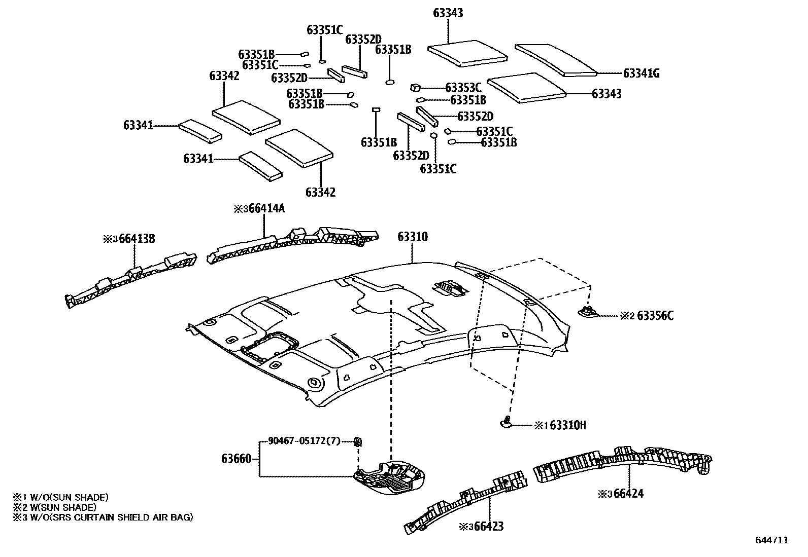 Toyota YARIS 车顶内衬和消声垫 EPC diagram — 644711