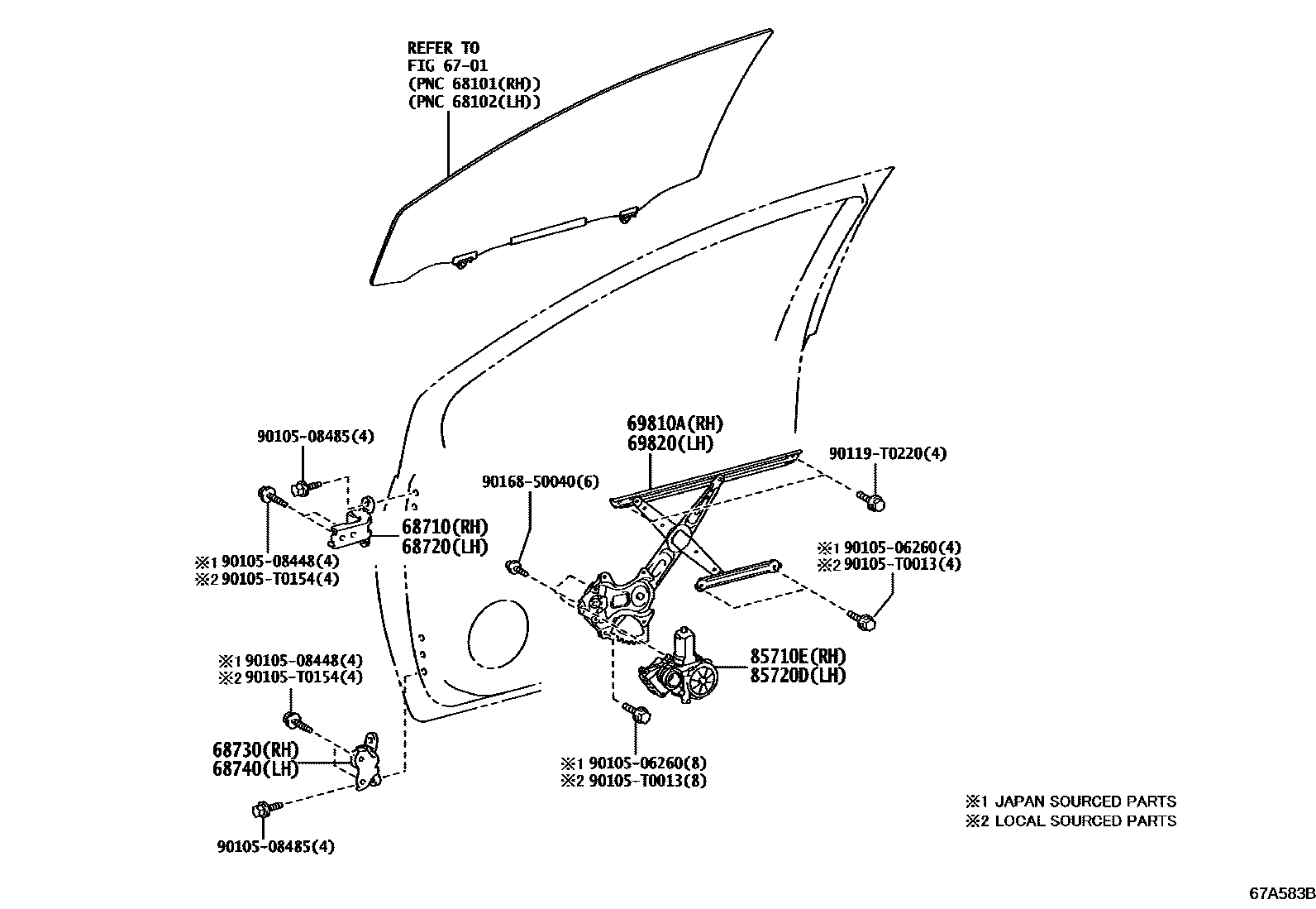Toyota YARIS 前门车窗升降器和合页 EPC diagram — 67A583B