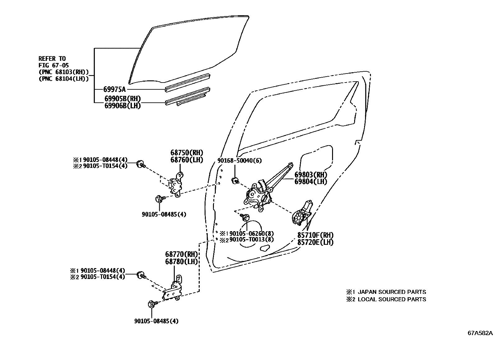 Toyota YARIS 后门车窗升降器和合页 EPC diagram — 67A582A