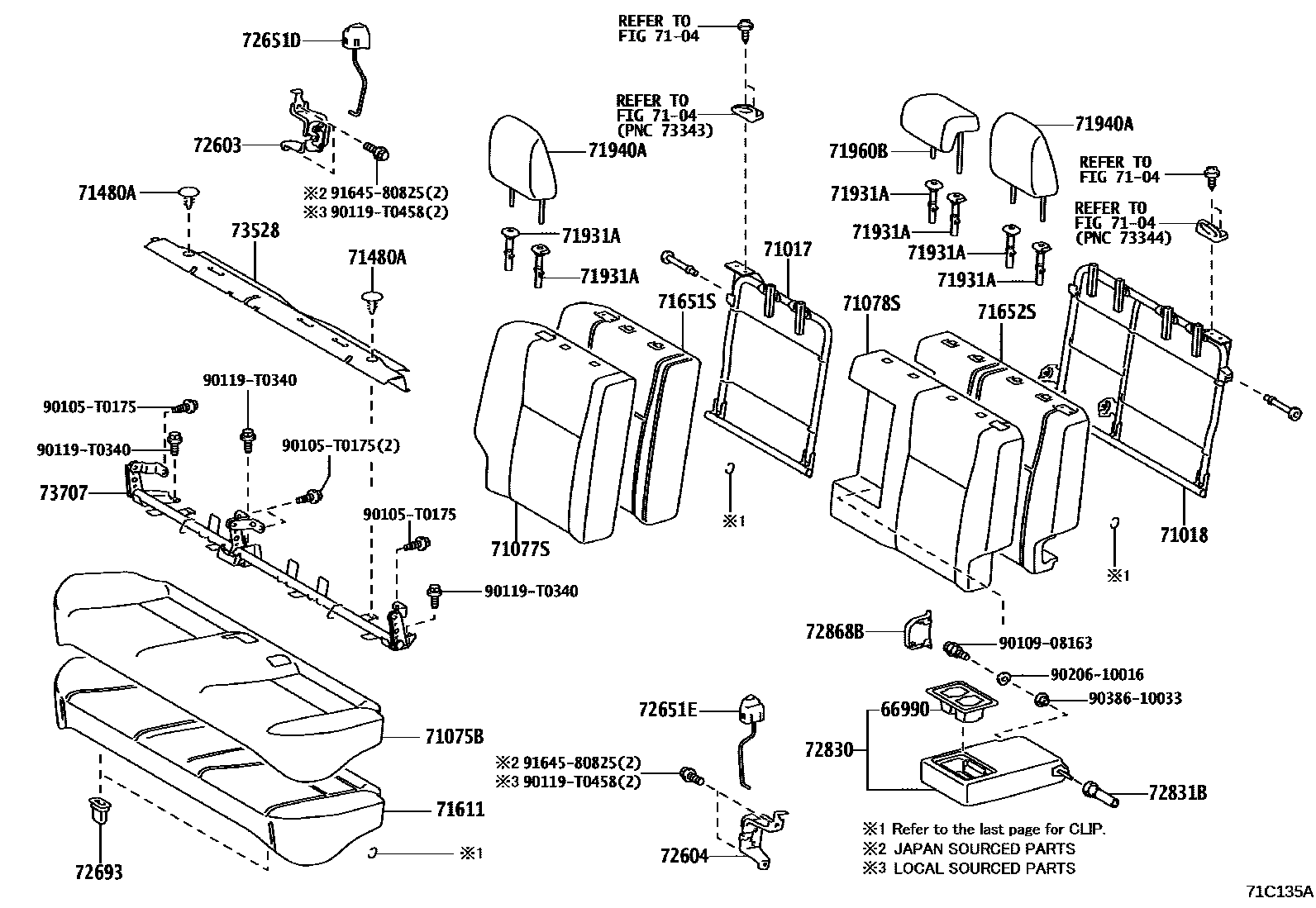 Toyota YARIS 后排座椅和座椅滑轨 EPC diagram — 71C135A