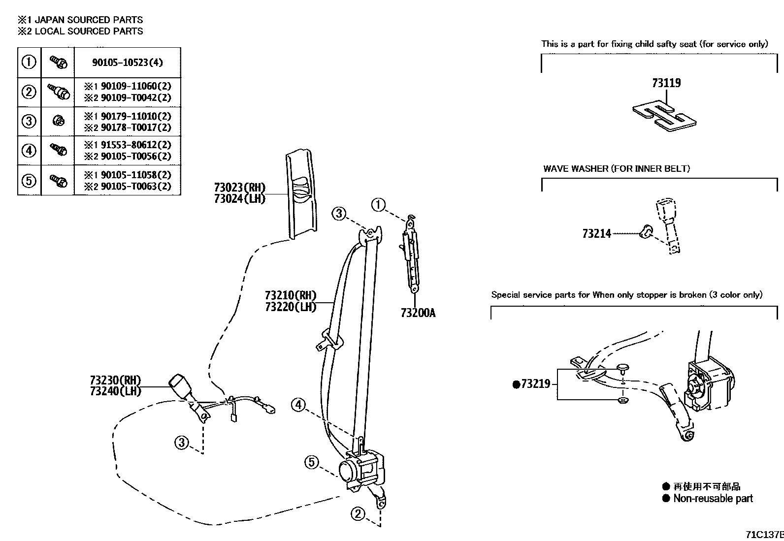 Toyota YARIS 安全带和儿童保护座椅 EPC diagram — 71C137B