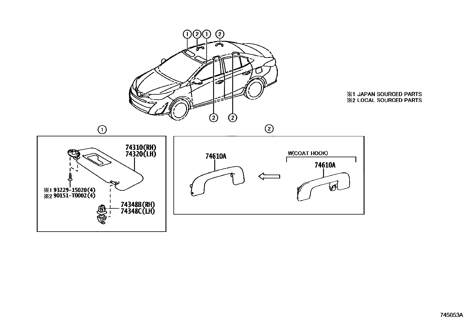 Toyota YARIS 扶手和遮阳板 EPC diagram — 745053A