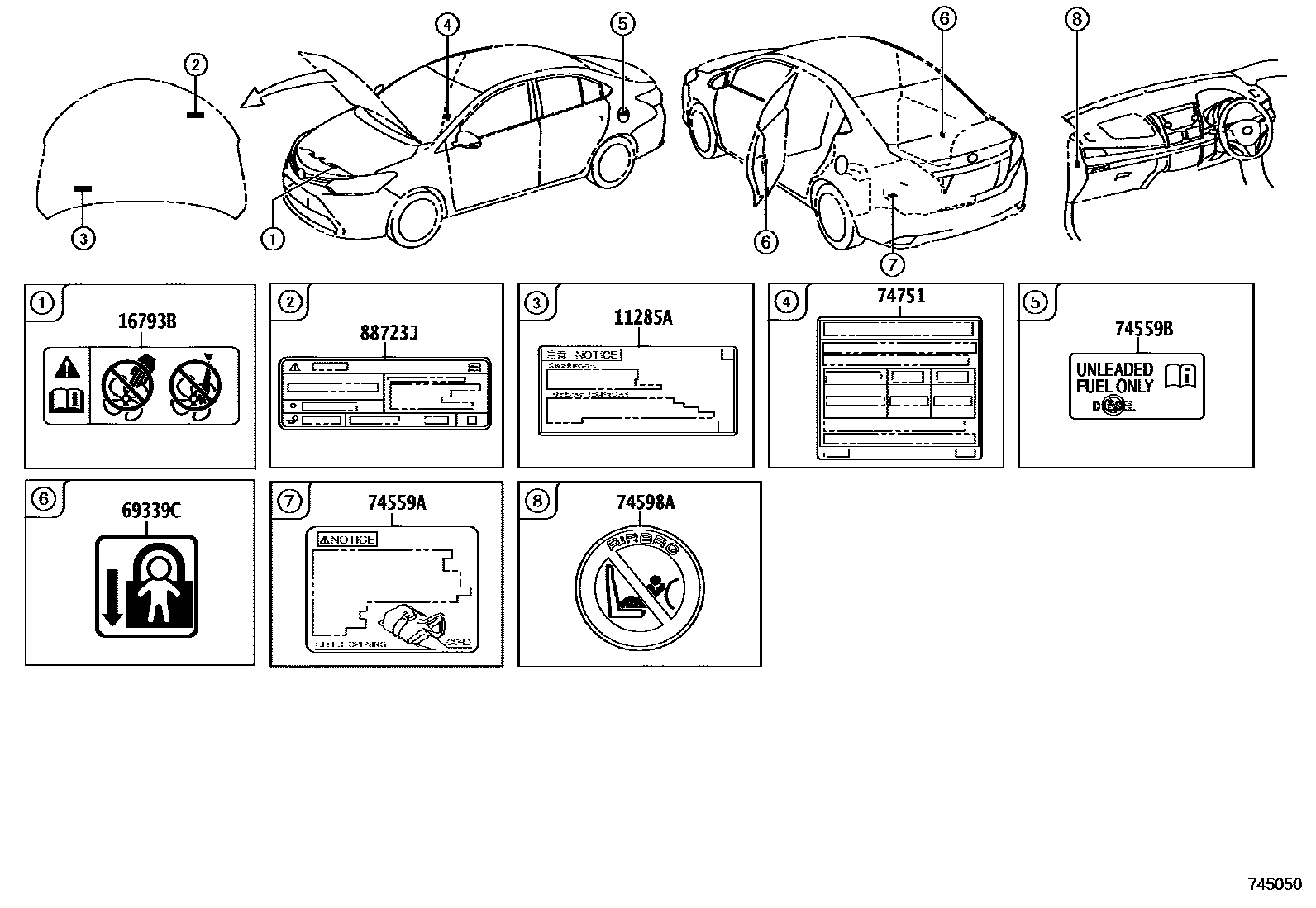 Toyota YARIS 警示铭牌(车外和车内) EPC diagram — 745050