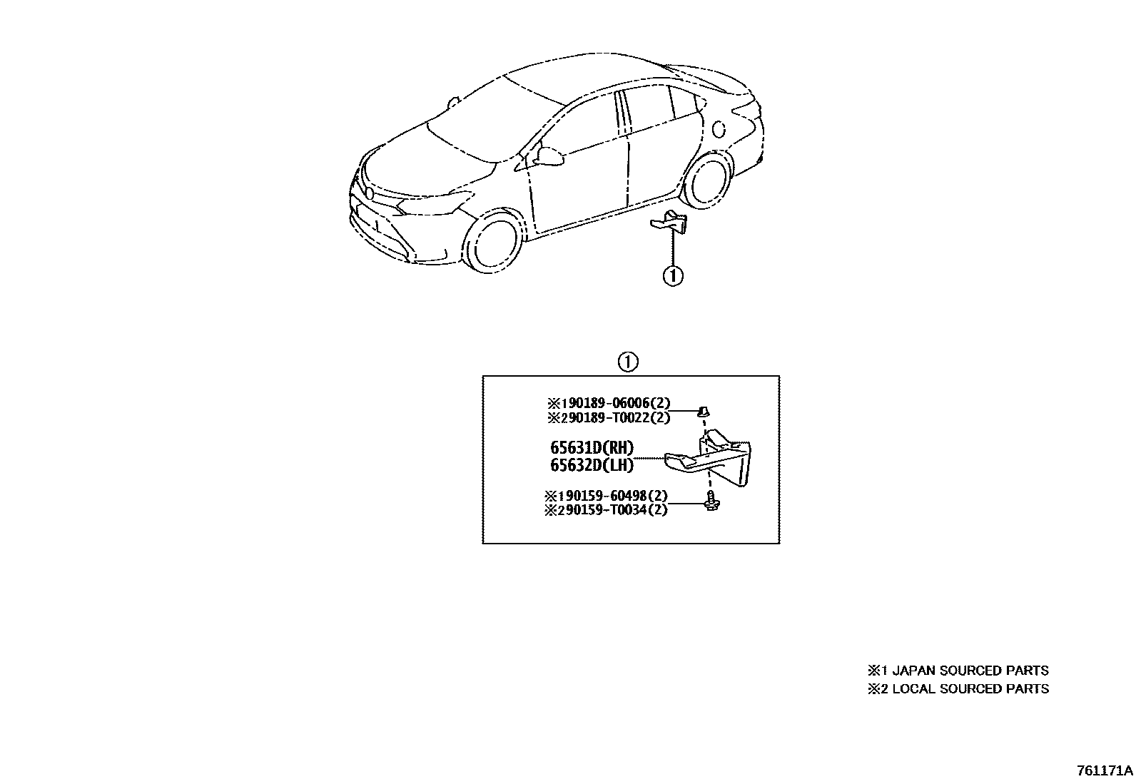 Toyota YARIS 挡泥板和扰流板 EPC diagram — 761171A