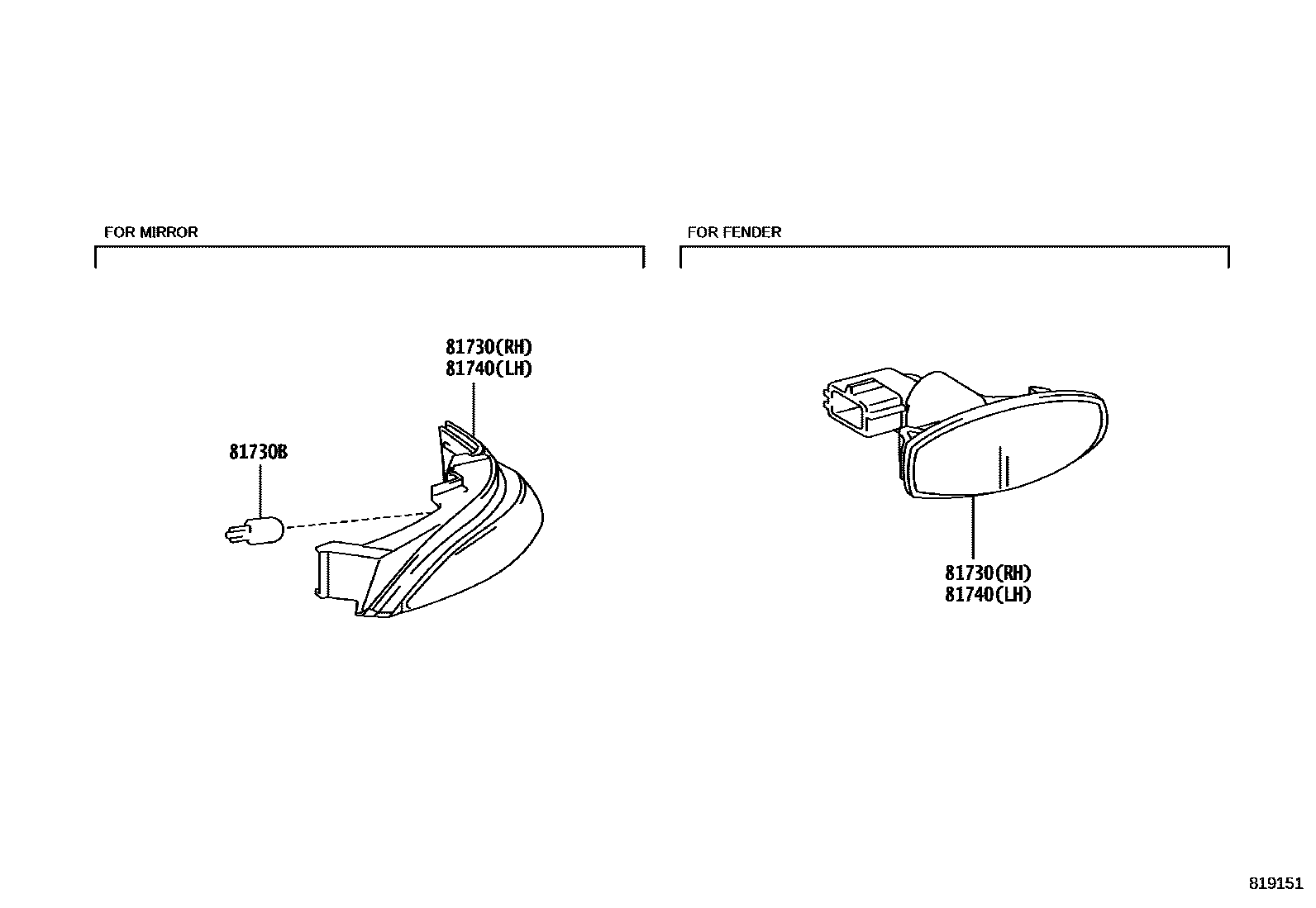 Toyota YARIS Side Turn Signal & Outer Mirror Lamp EPC diagram — 819151