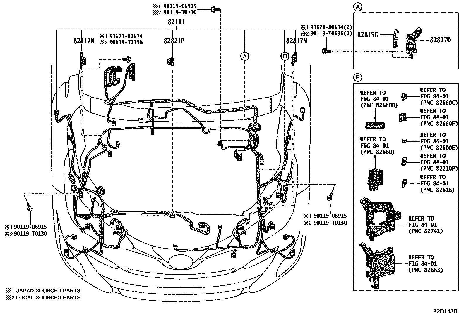 Toyota YARIS 线束和卡夹 EPC diagram — 82D143B