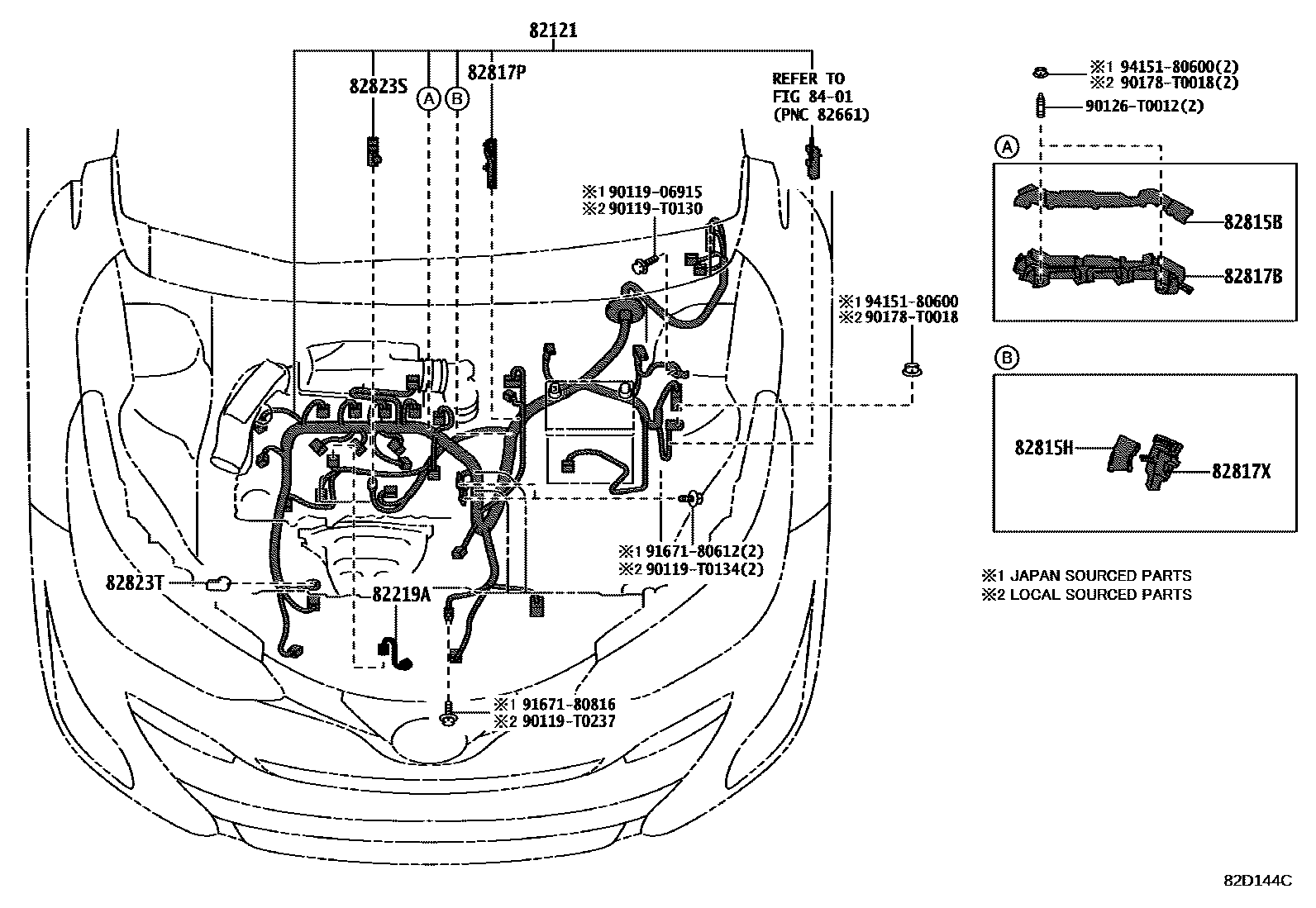 Toyota YARIS 线束和卡夹 EPC diagram — 82D144C