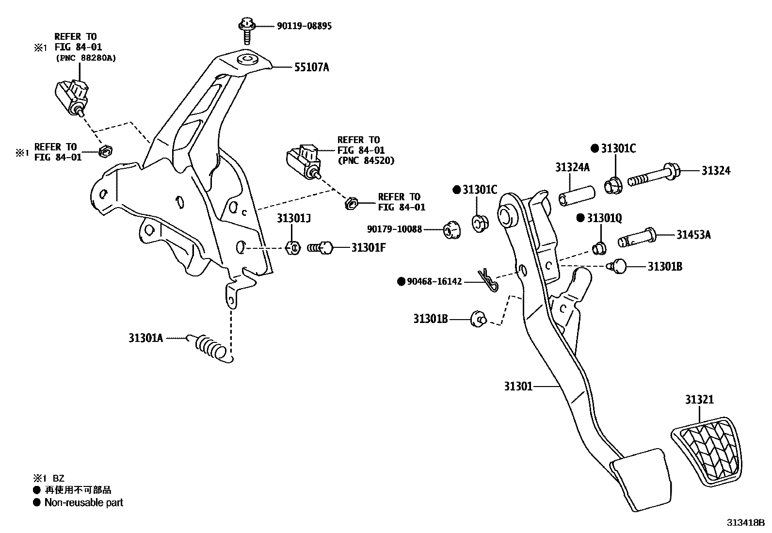 Toyota YARIS 离合器踏板和挠性软管 EPC diagram — 313418B