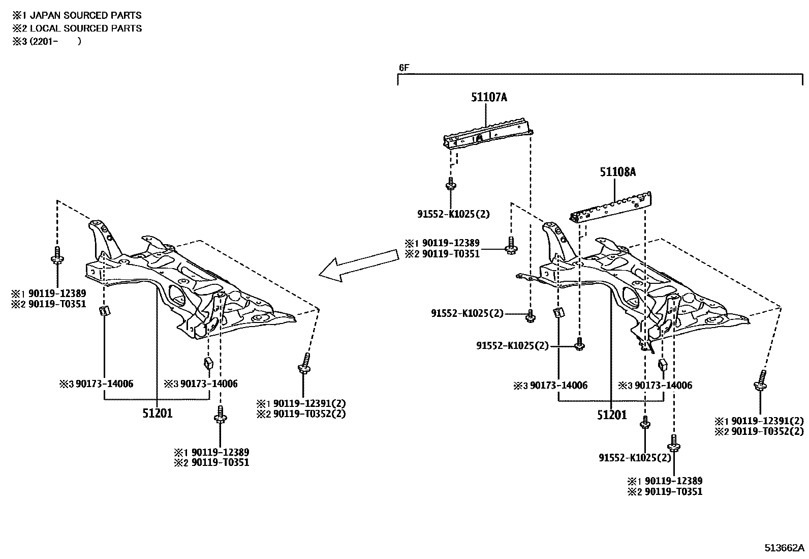 Toyota YARIS 悬架横梁和发动机底罩 EPC diagram — 513662A