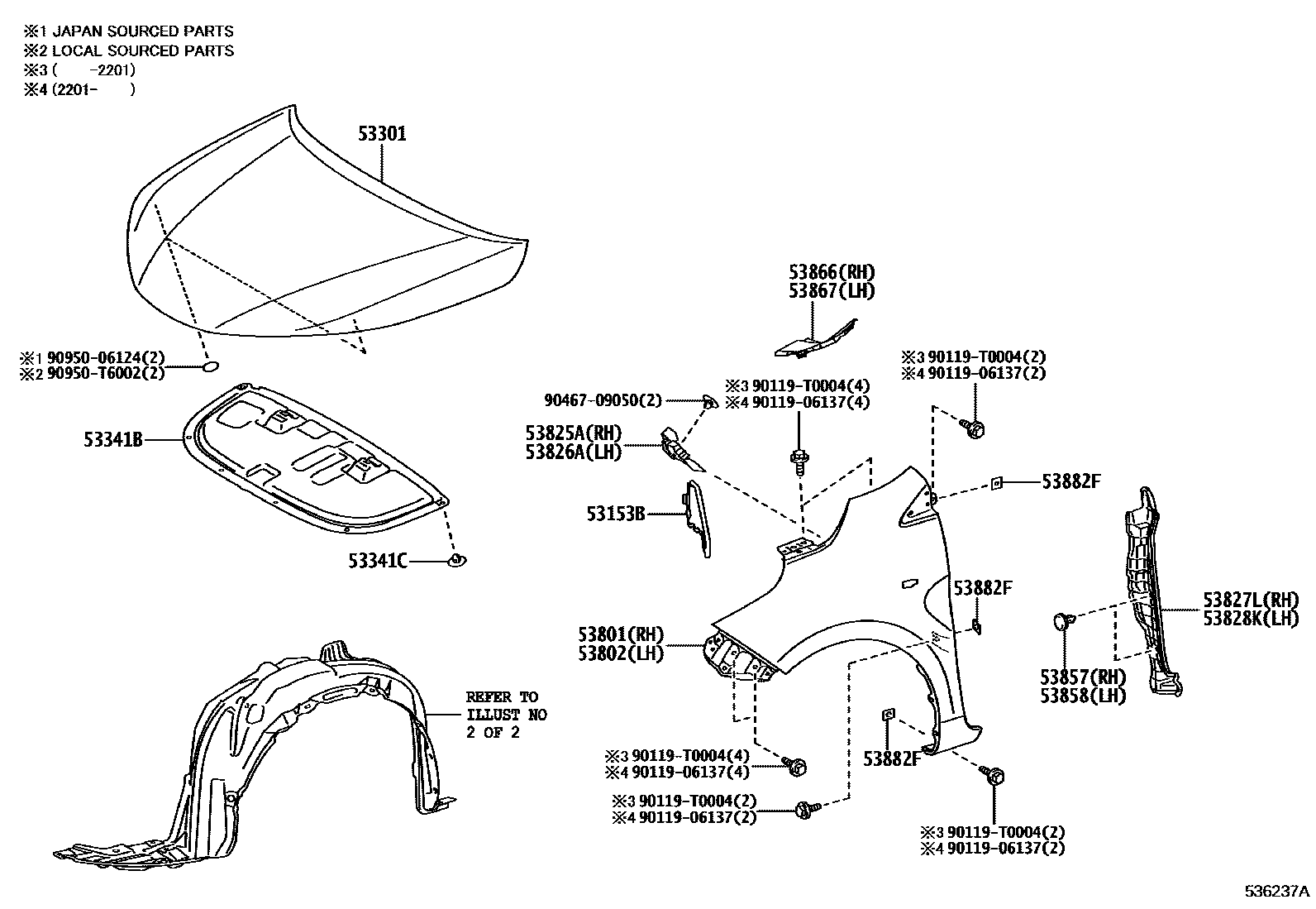 Toyota YARIS 发动机盖和前翼子板 EPC diagram — 536237A