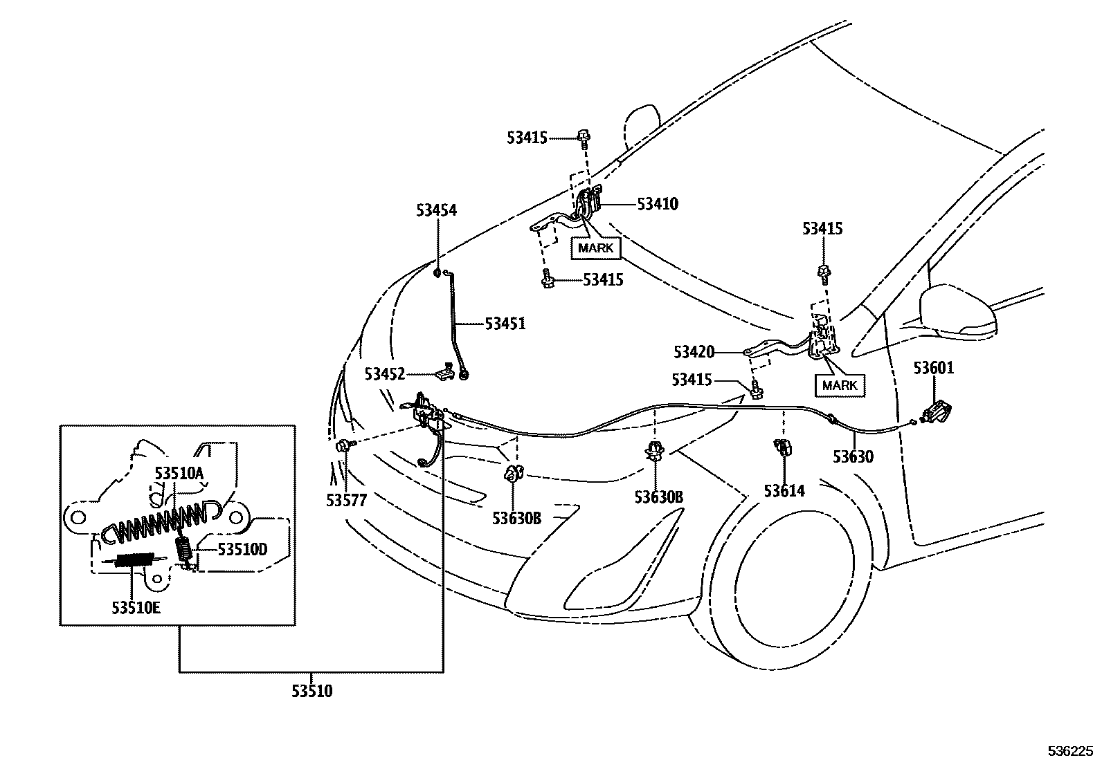 Toyota YARIS 发动机盖锁和铰链 EPC diagram — 536225