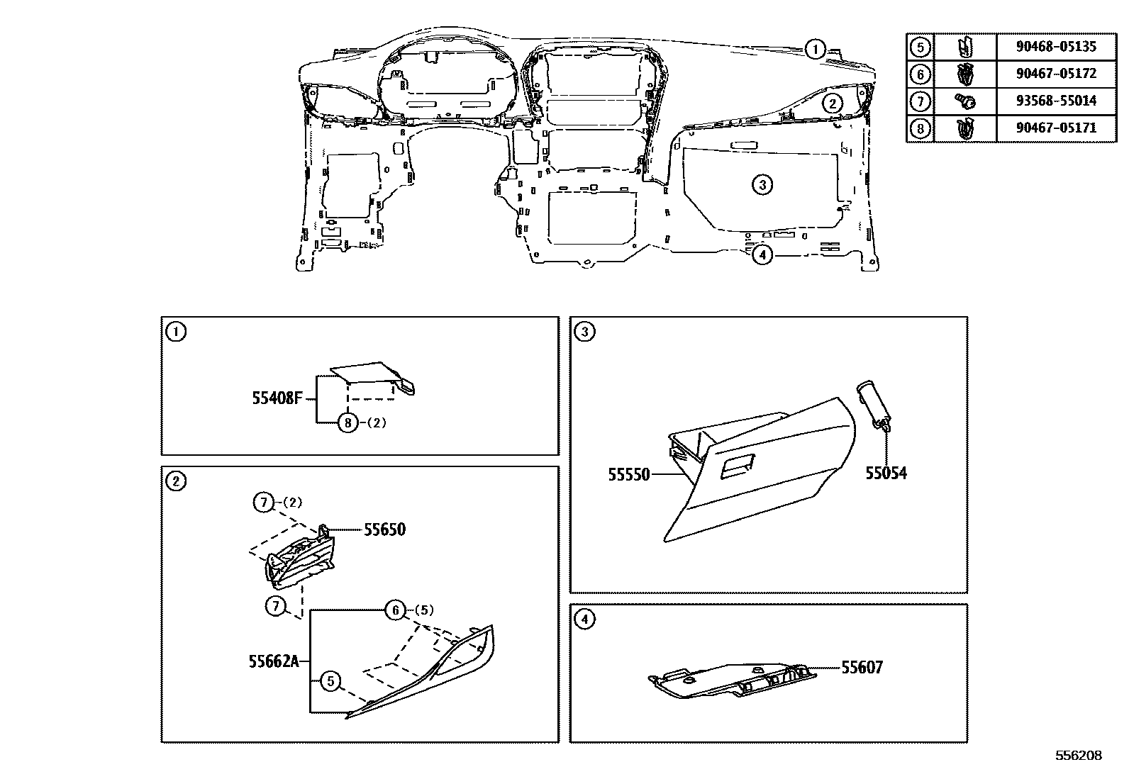Toyota YARIS 仪表板和手套箱 EPC diagram — 556208