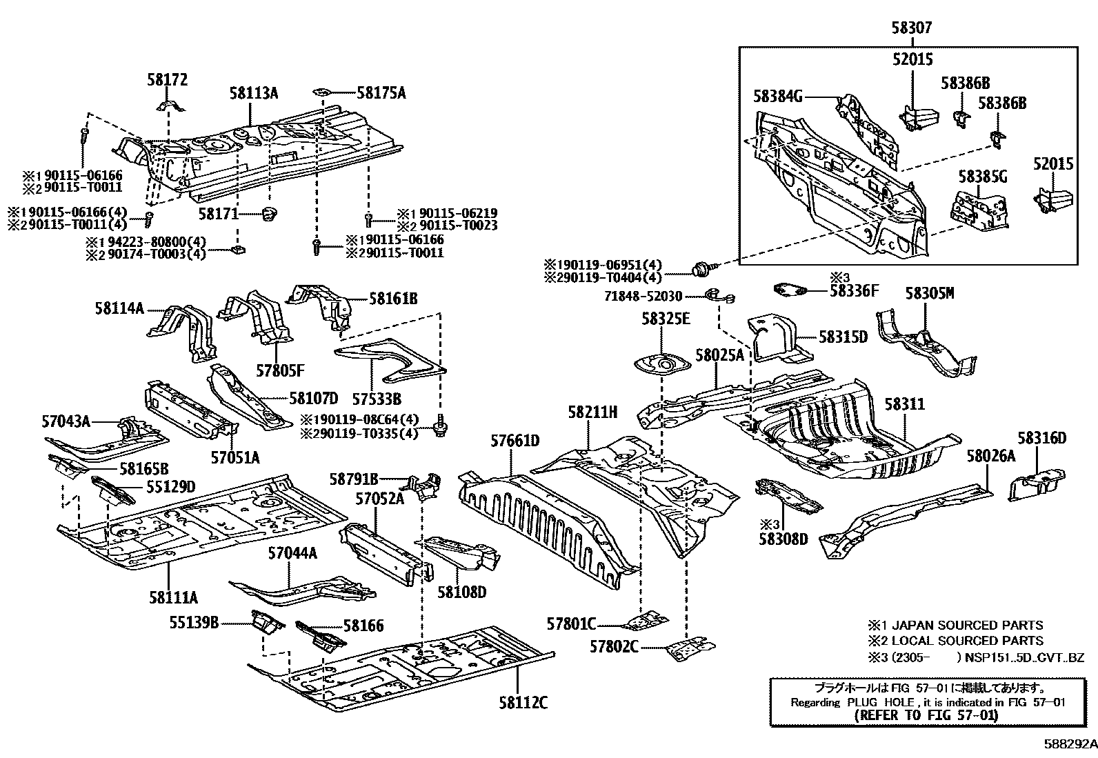 Toyota YARIS 浅盘形地板和车身下背板 EPC diagram — 588292A