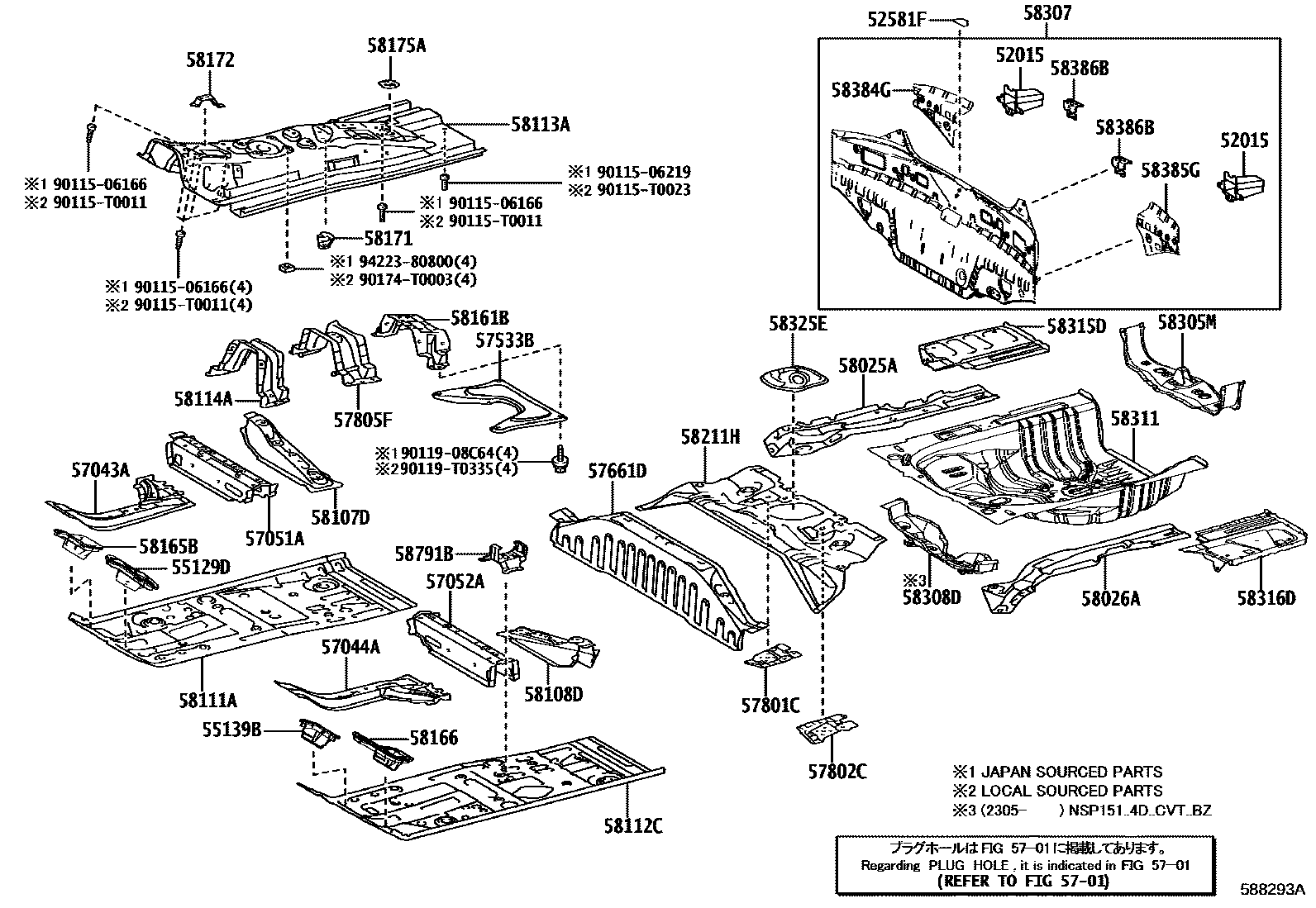 Toyota YARIS 浅盘形地板和车身下背板 EPC diagram — 588293A