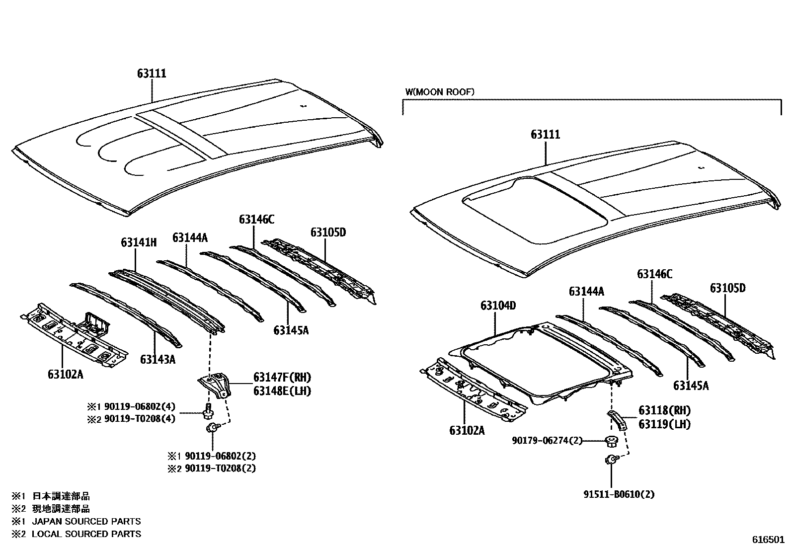 Toyota YARIS 天窗板和背窗玻璃 EPC diagram — 616501