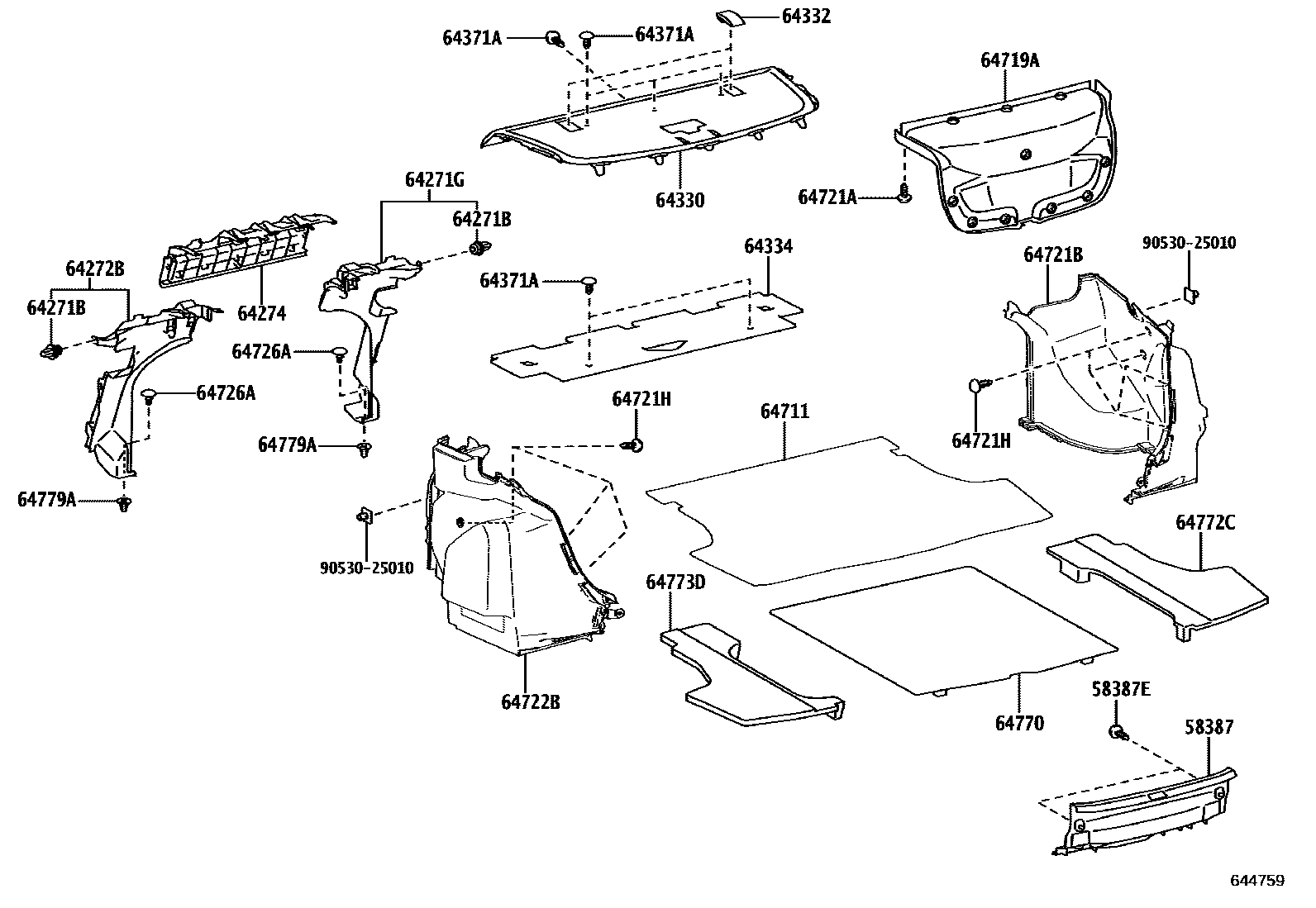 Toyota YARIS 杂物箱板和行李箱垫 EPC diagram — 644759