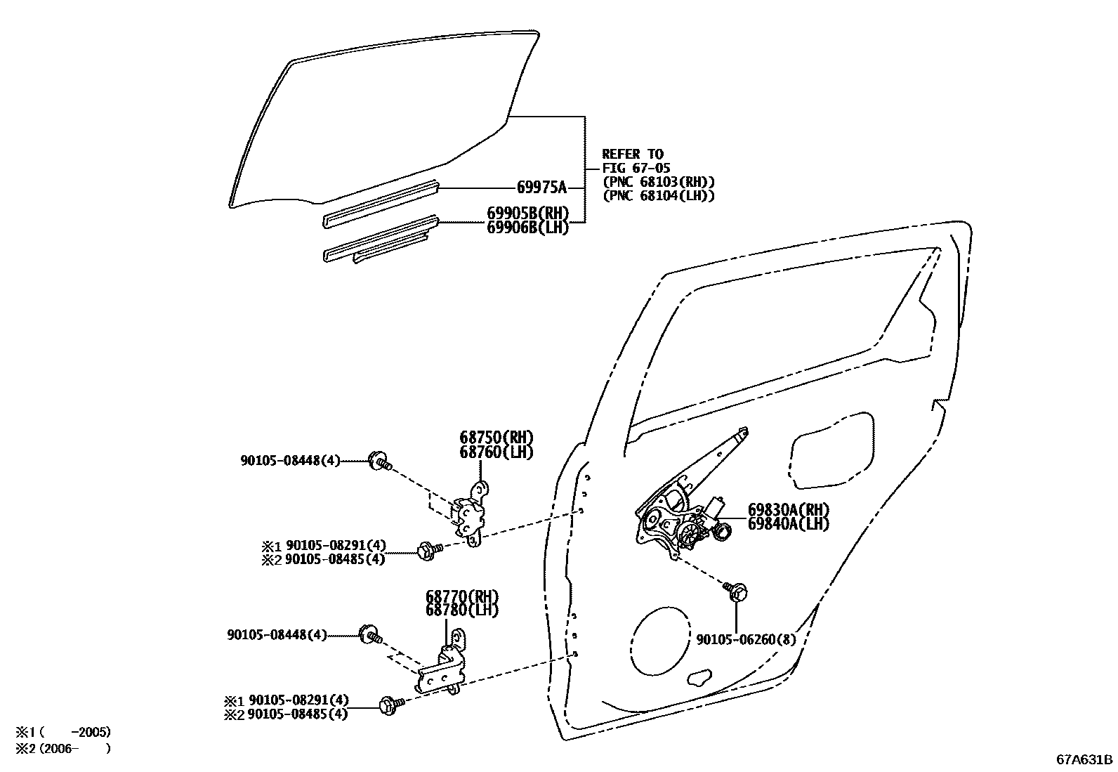 Toyota YARIS 后门车窗升降器和合页 EPC diagram — 67A631B