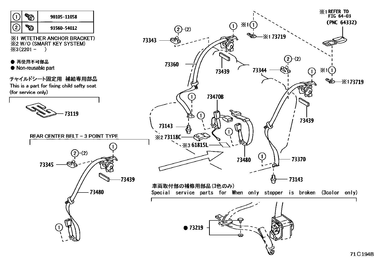 Toyota YARIS 安全带和儿童保护座椅 EPC diagram — 71C194B
