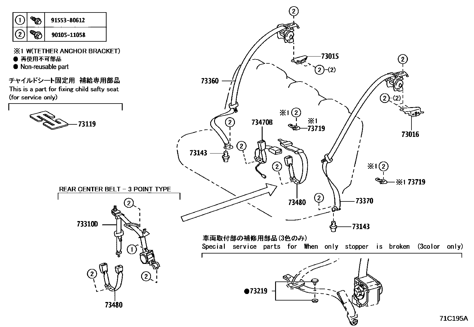Toyota YARIS 安全带和儿童保护座椅 EPC diagram — 71C195A