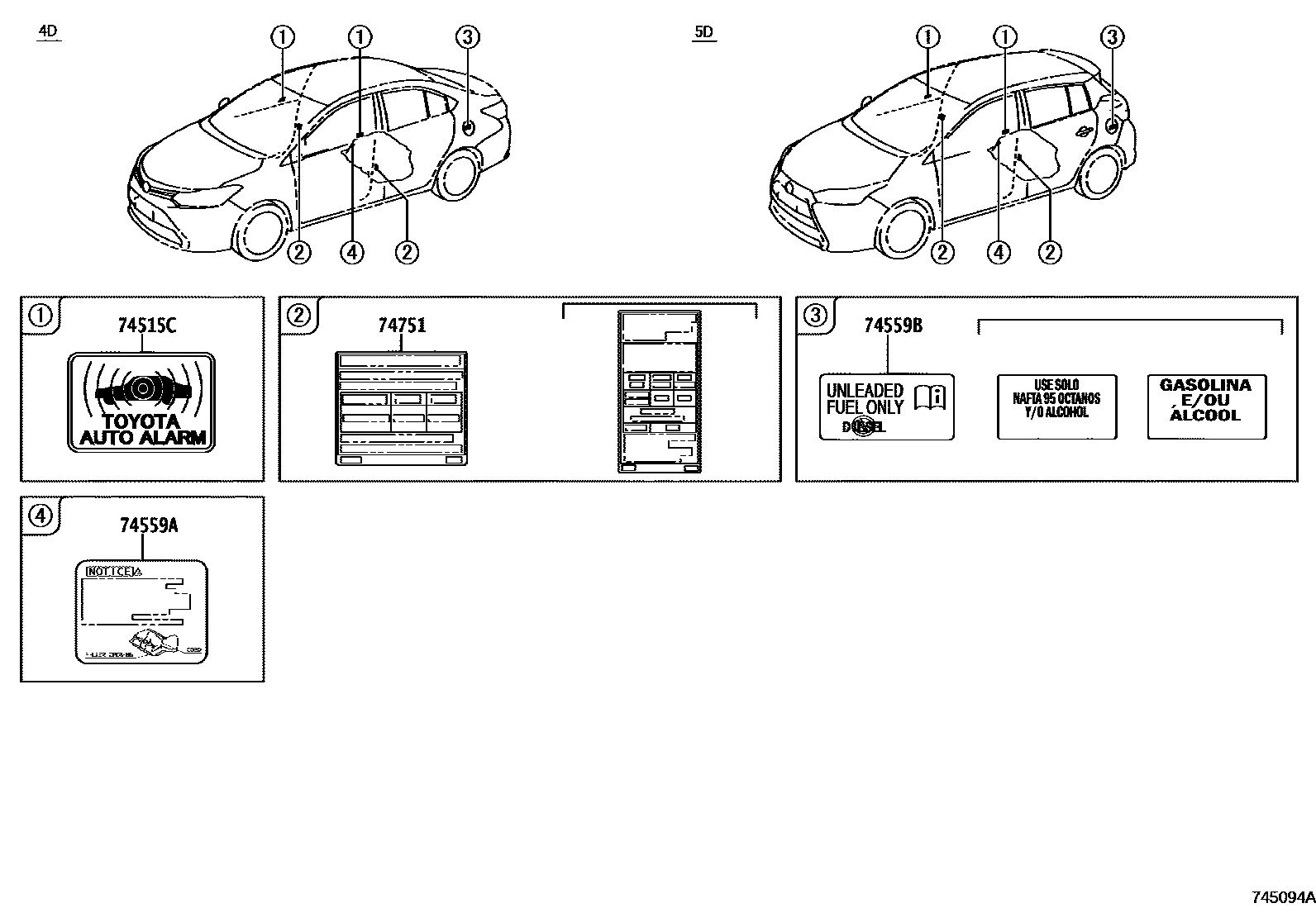 Toyota YARIS 警示铭牌(车外和车内) EPC diagram — 745094A