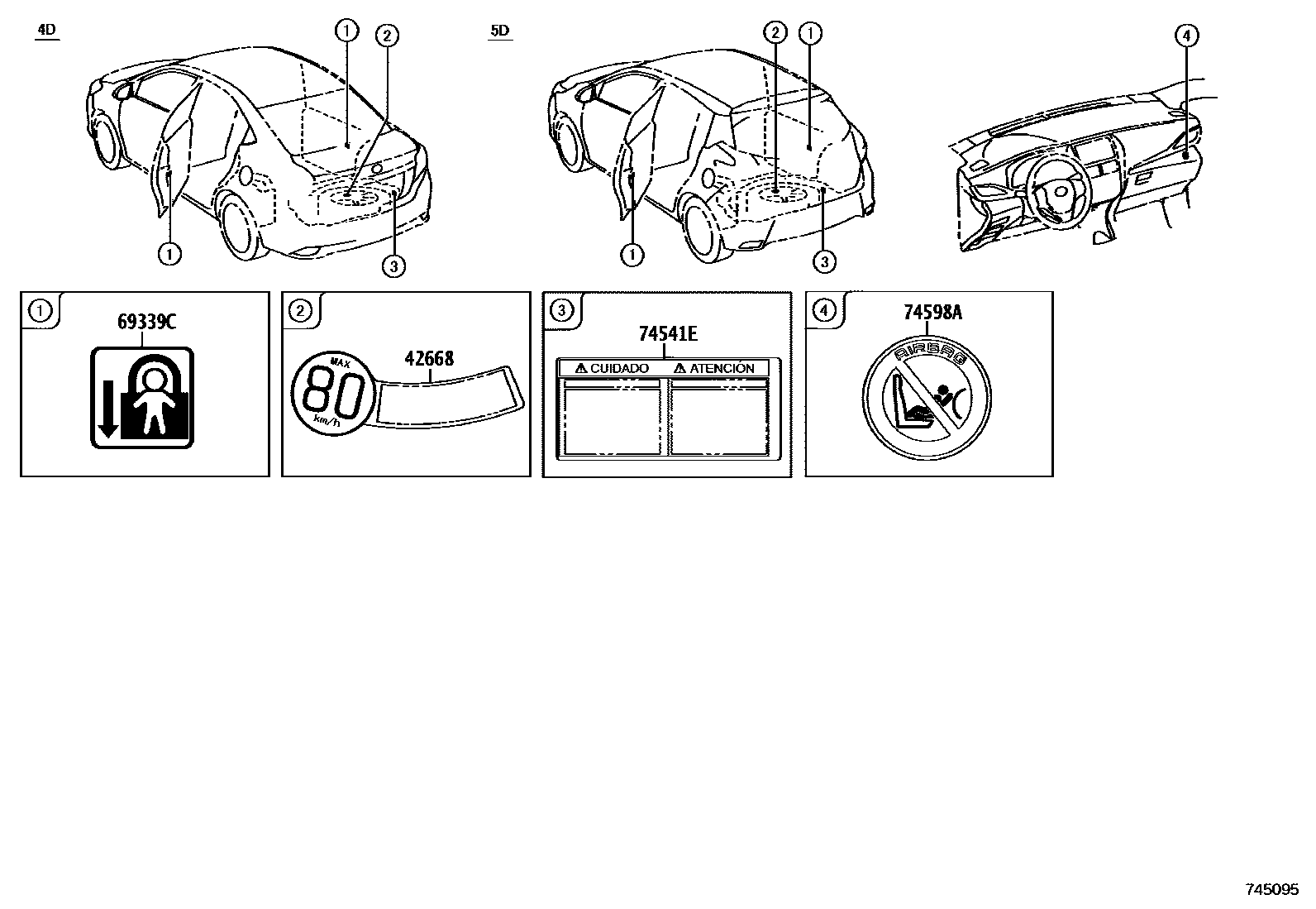 Toyota YARIS 警示铭牌(车外和车内) EPC diagram — 745095