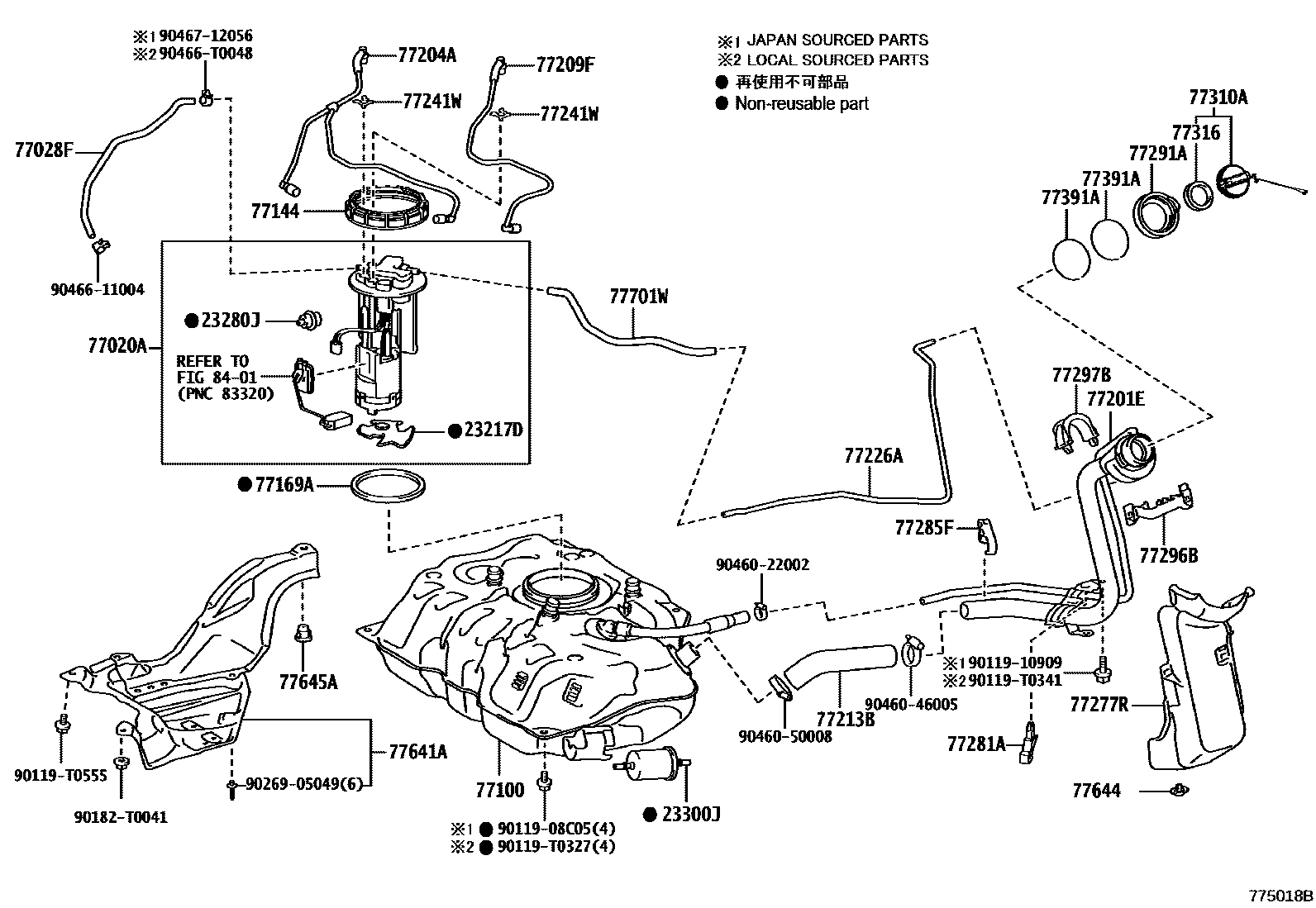 Toyota YARIS 燃油箱和燃油管 EPC diagram — 775018B