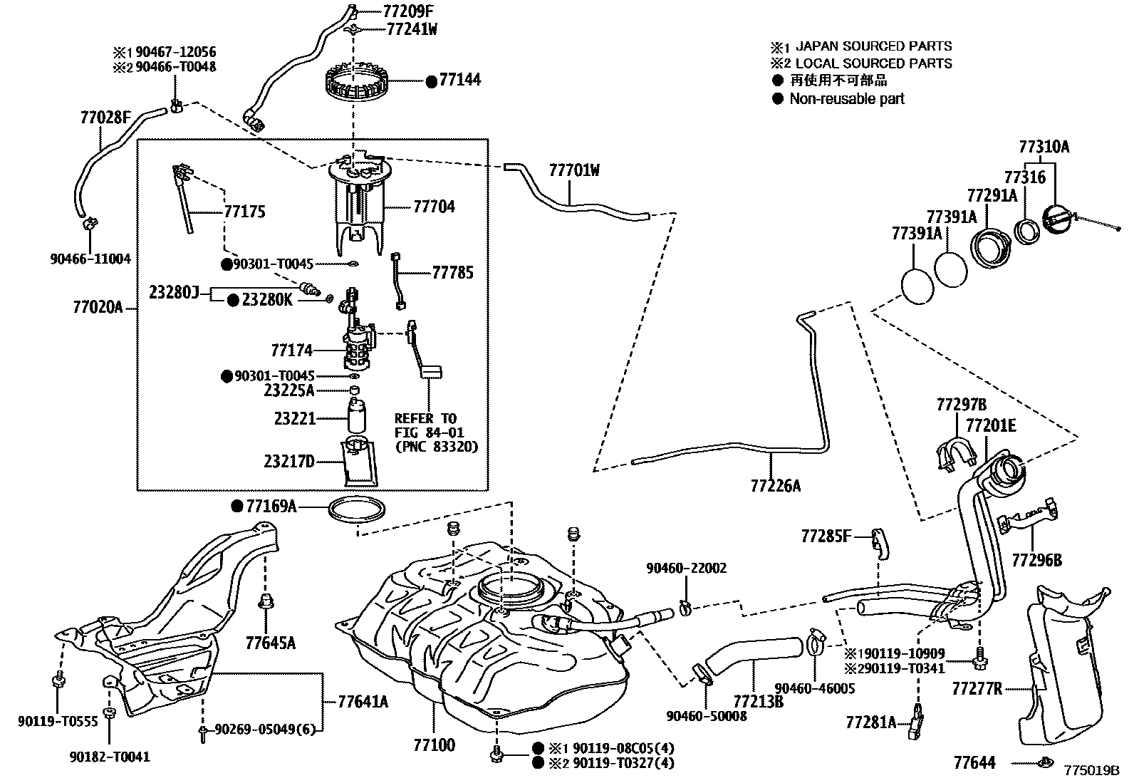 Toyota YARIS 燃油箱和燃油管 EPC diagram — 775019B