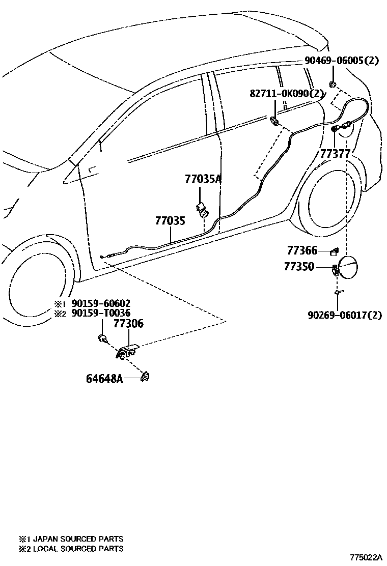 Toyota YARIS 燃油箱和燃油管 EPC diagram — 775022A