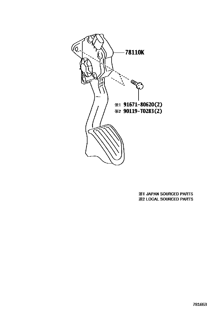 Toyota YARIS accelerator pedal connecting rod EPC diagram — 781653A