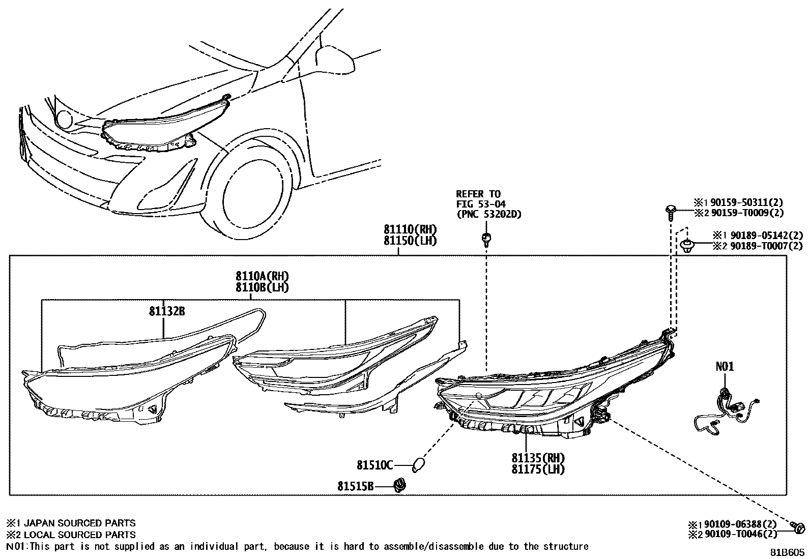 Toyota YARIS Headlamp EPC diagram — 81B605