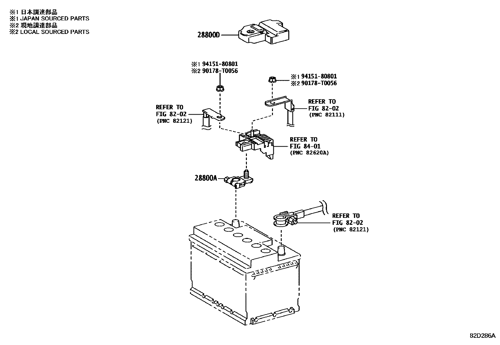 Toyota YARIS 蓄电池和蓄电池电缆 EPC diagram — 82D286A