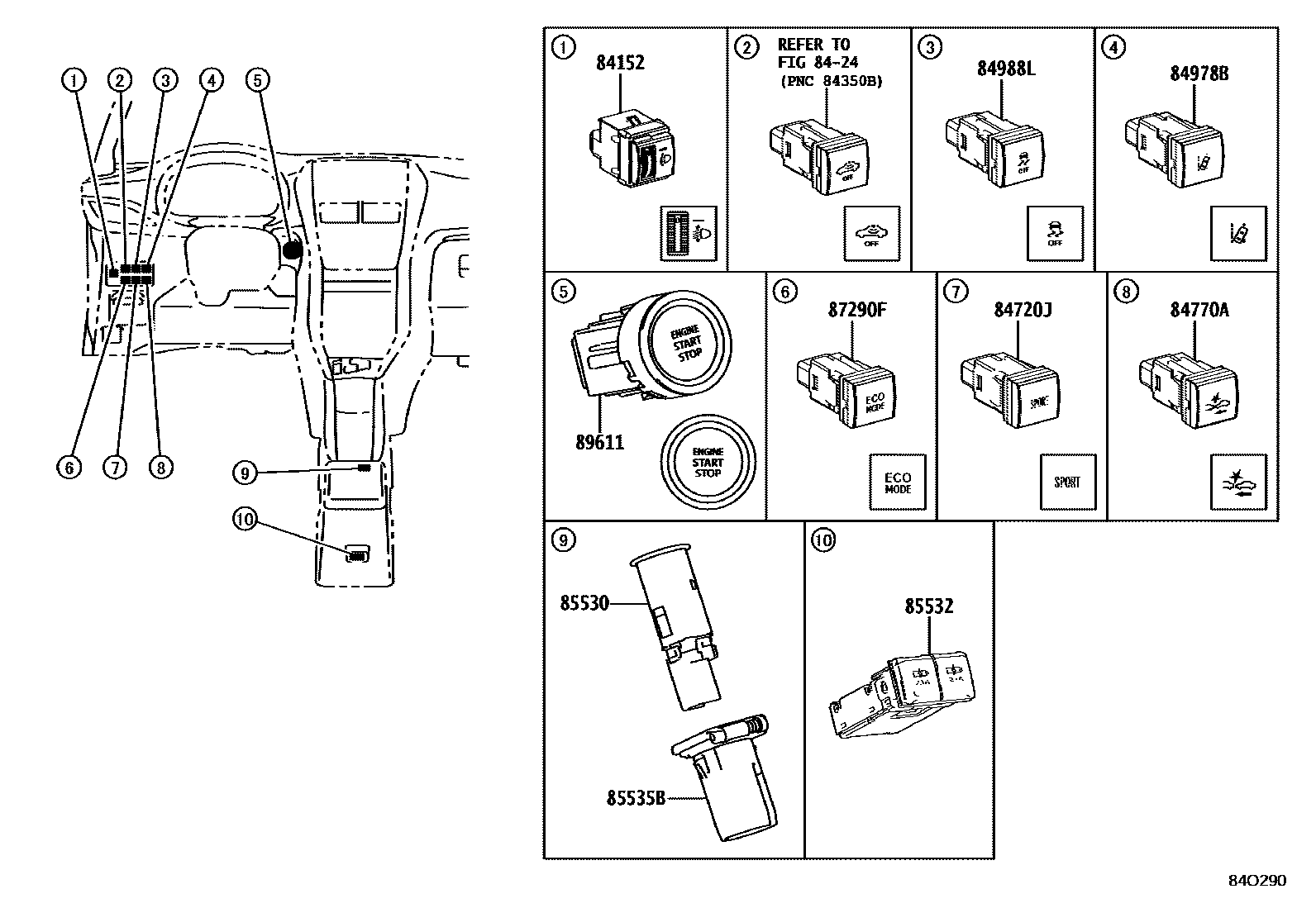 Toyota YARIS 开关和继电器和ECU EPC diagram — 84O290