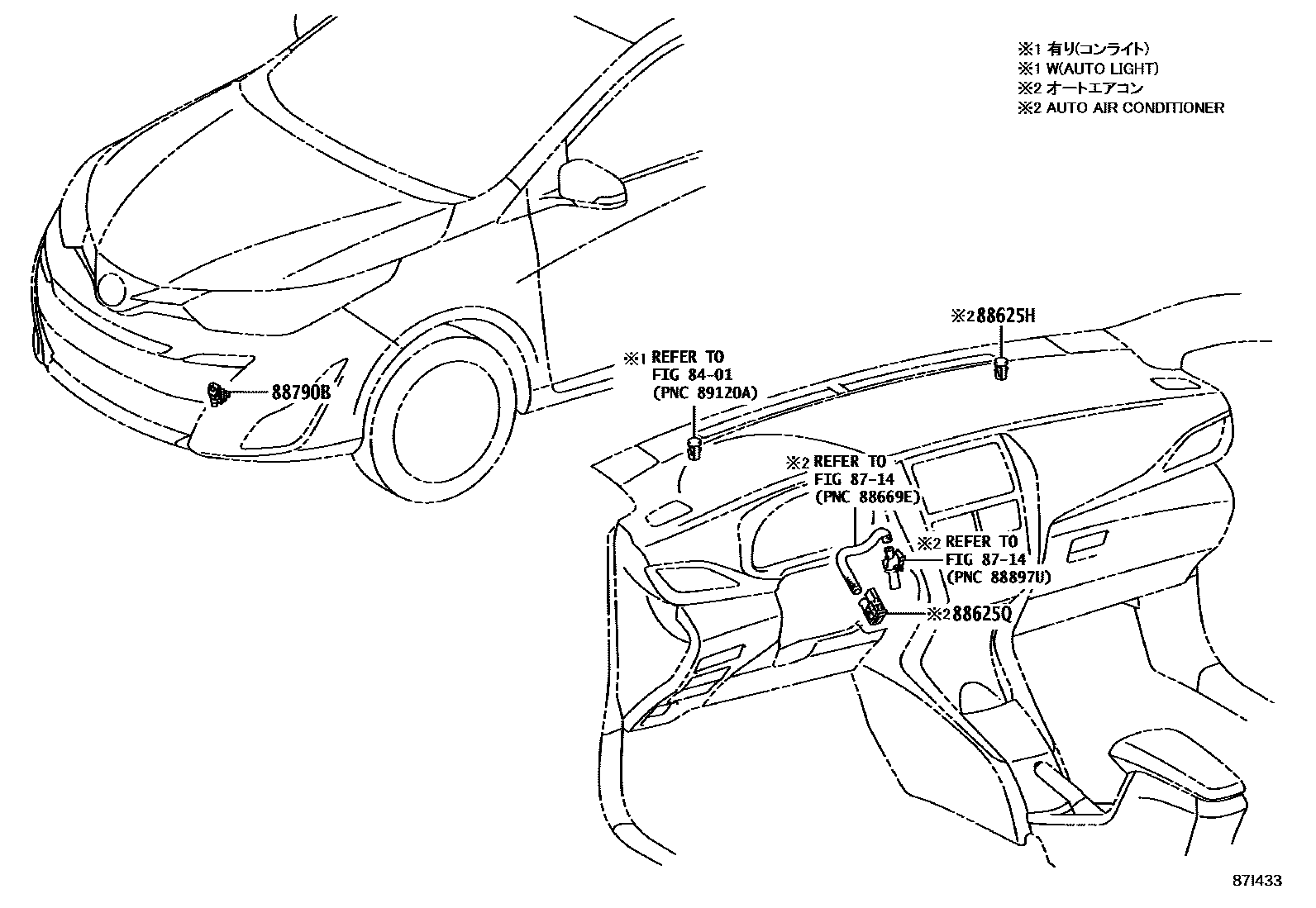 Toyota YARIS 暖风和空调系统 - 控制器和风管 EPC diagram — 87I433