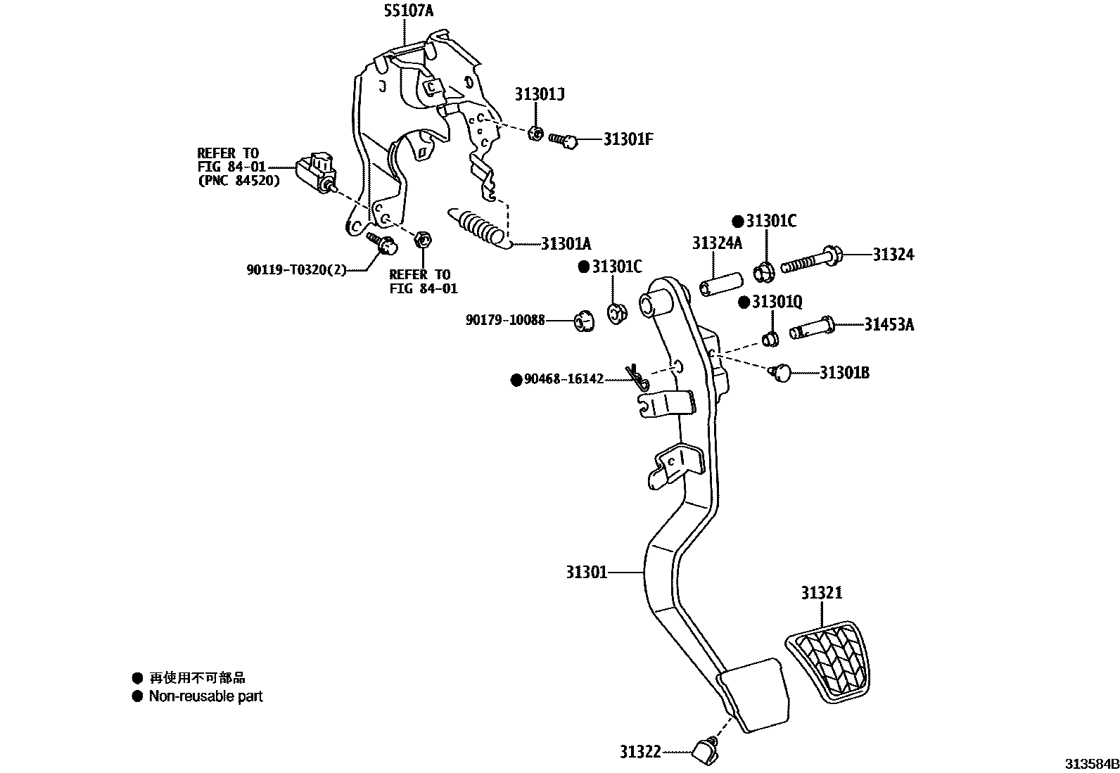 Toyota YARIS 离合器踏板和挠性软管 EPC diagram — 313584B