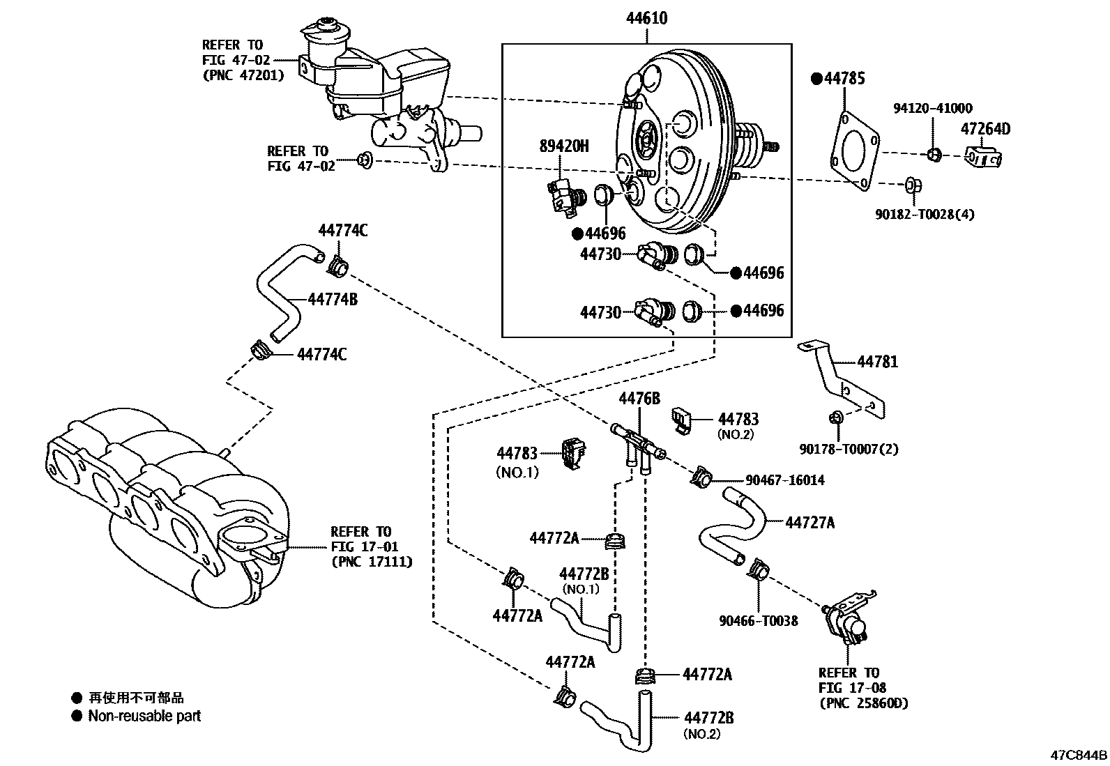 Toyota YARIS 制动助力器和真空管 EPC diagram — 47C844B