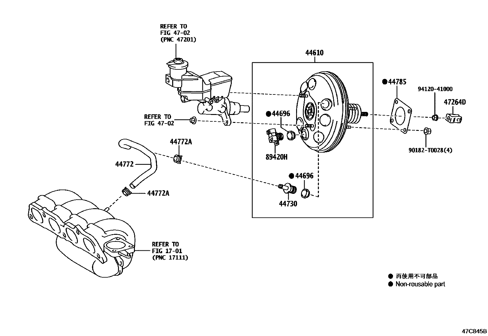 Toyota YARIS 制动助力器和真空管 EPC diagram — 47C845B