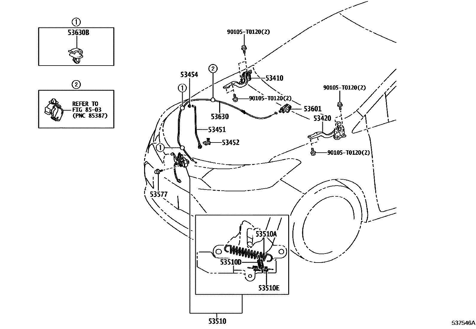 Toyota YARIS 发动机盖锁和铰链 EPC diagram — 537546A