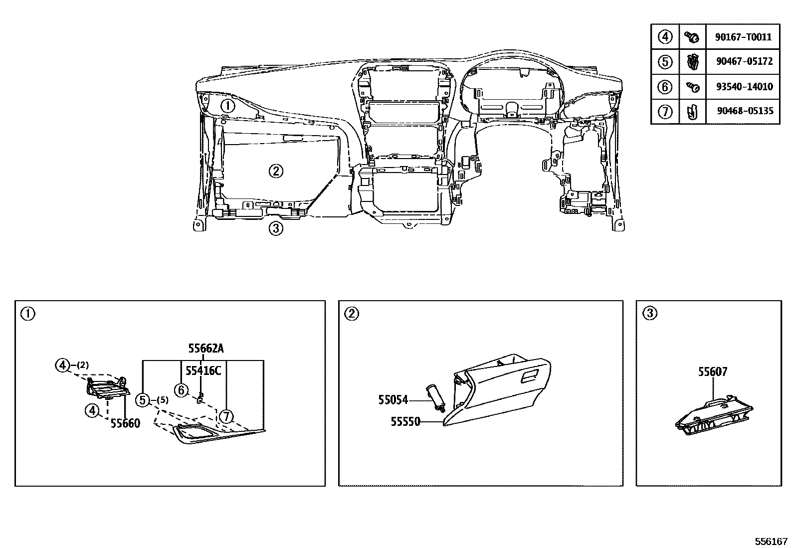 Toyota YARIS 仪表板和手套箱 EPC diagram — 556167
